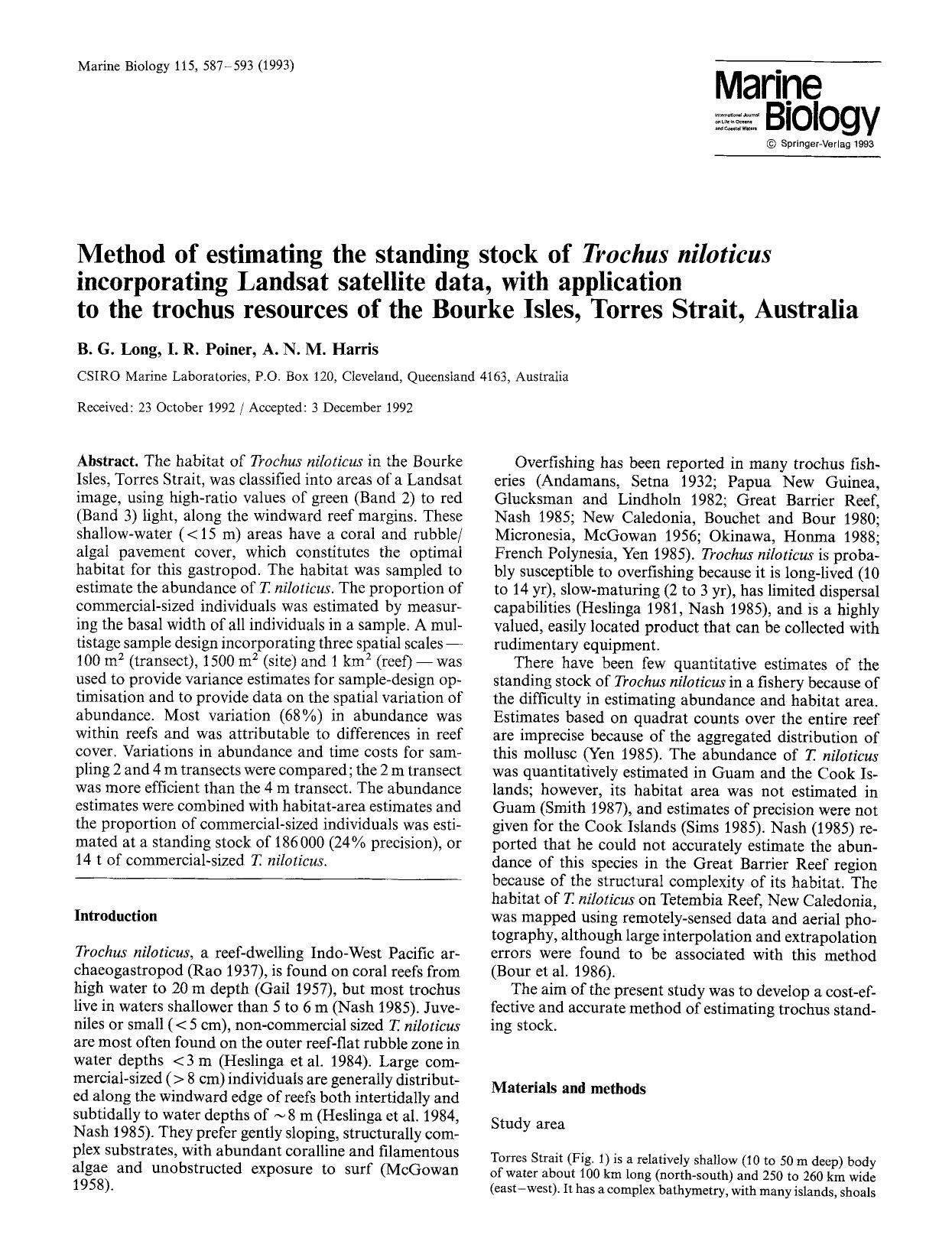 Method of estimating the standing stock of <Emphasis Type="Italic">Trochus niloticus<Emphasis> incorporating Landsat satellite data, with application to the trochus resources of th by Unknown