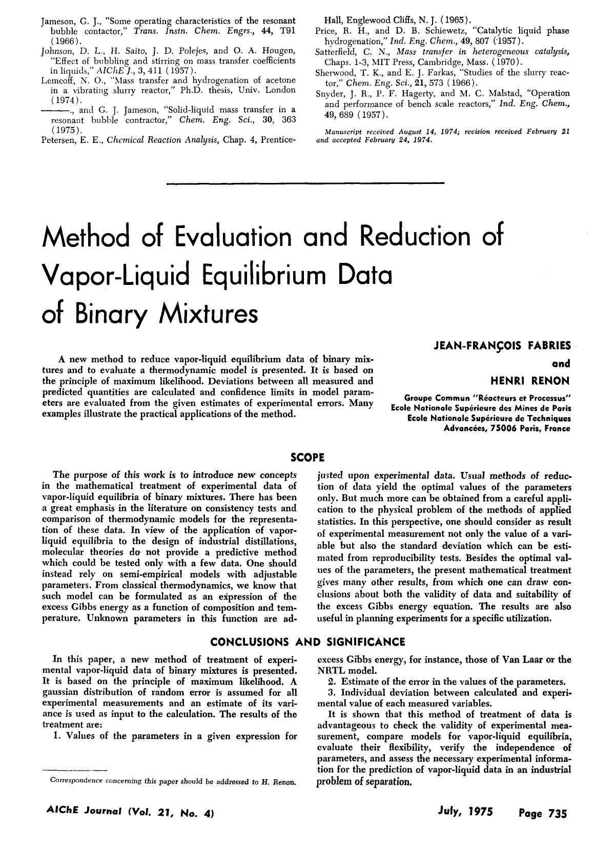 Method of evaluation and reduction of vapor-liquid equilibrium data of binary mixtures by Unknown