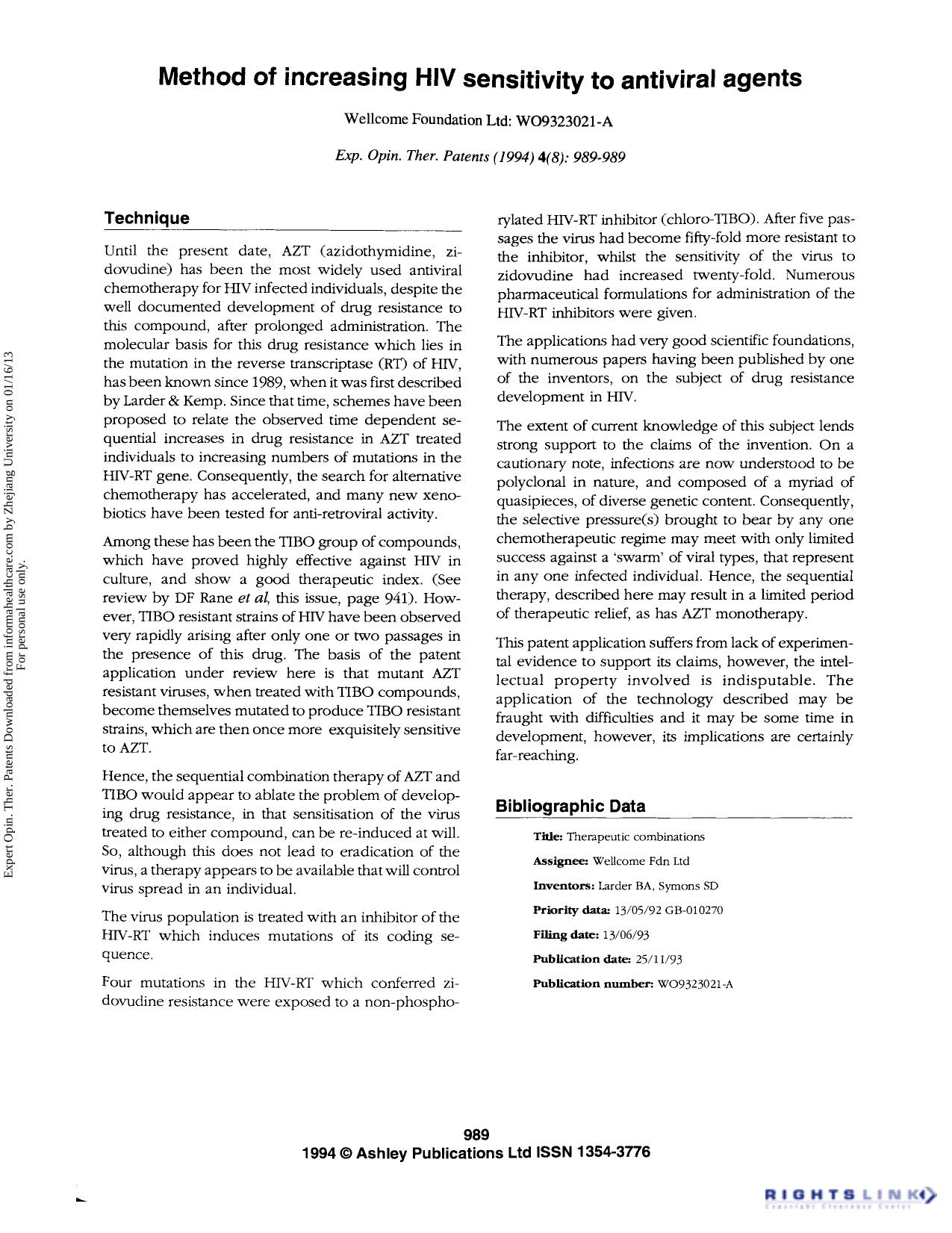 Method of increasing HIV sensitivity to antiviral agents by Unknown