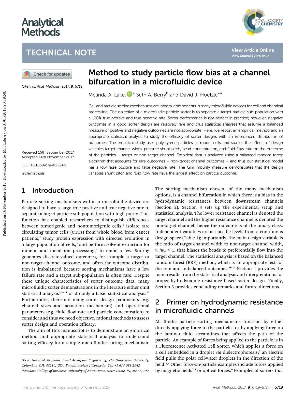 Method to study particle flow bias at a channel bifurcation in a microfluidic device by Melinda A. Lake & Seth A. Berry & David J. Hoelzle