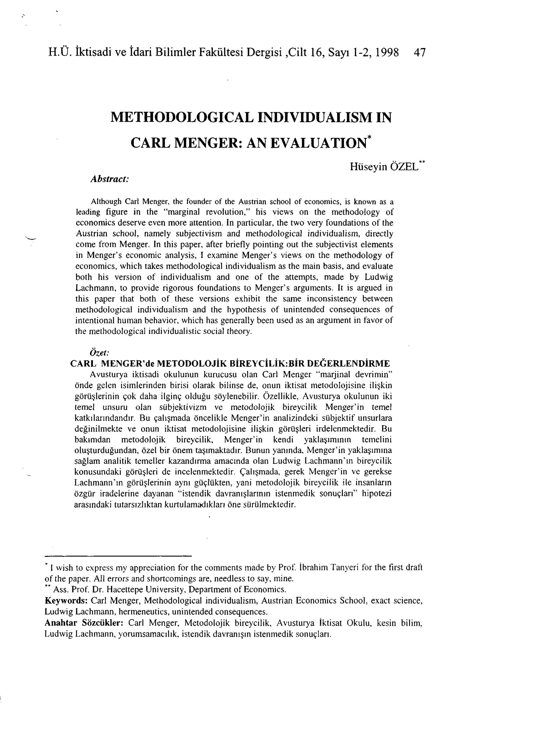 Methodological Individualism In Carl Menger [An Evaluation] by Unknown