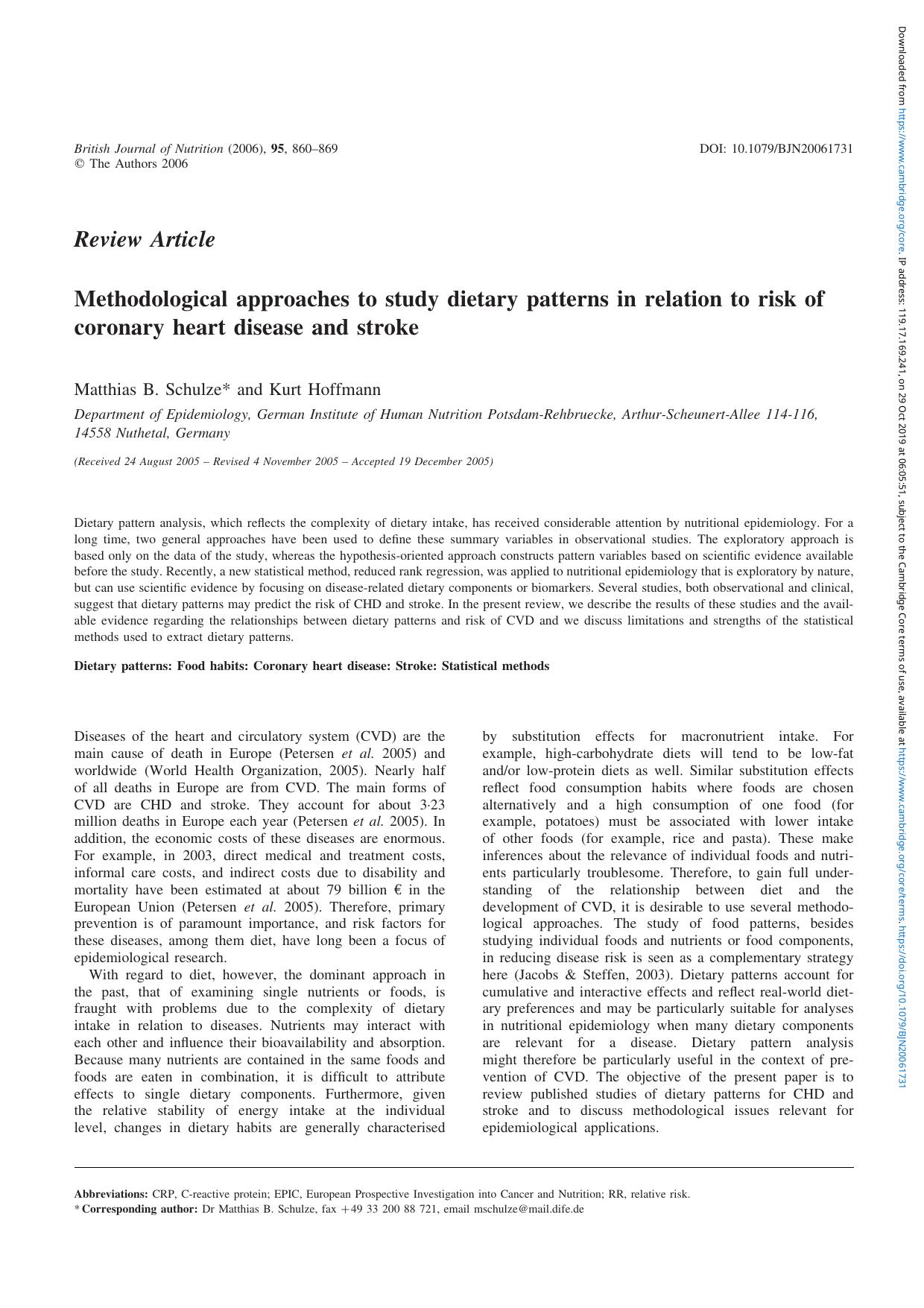 Methodological approaches to study dietary patterns in relation to risk of coronary heart disease and stroke by Matthias B. Schulze Kurt Hoffmann