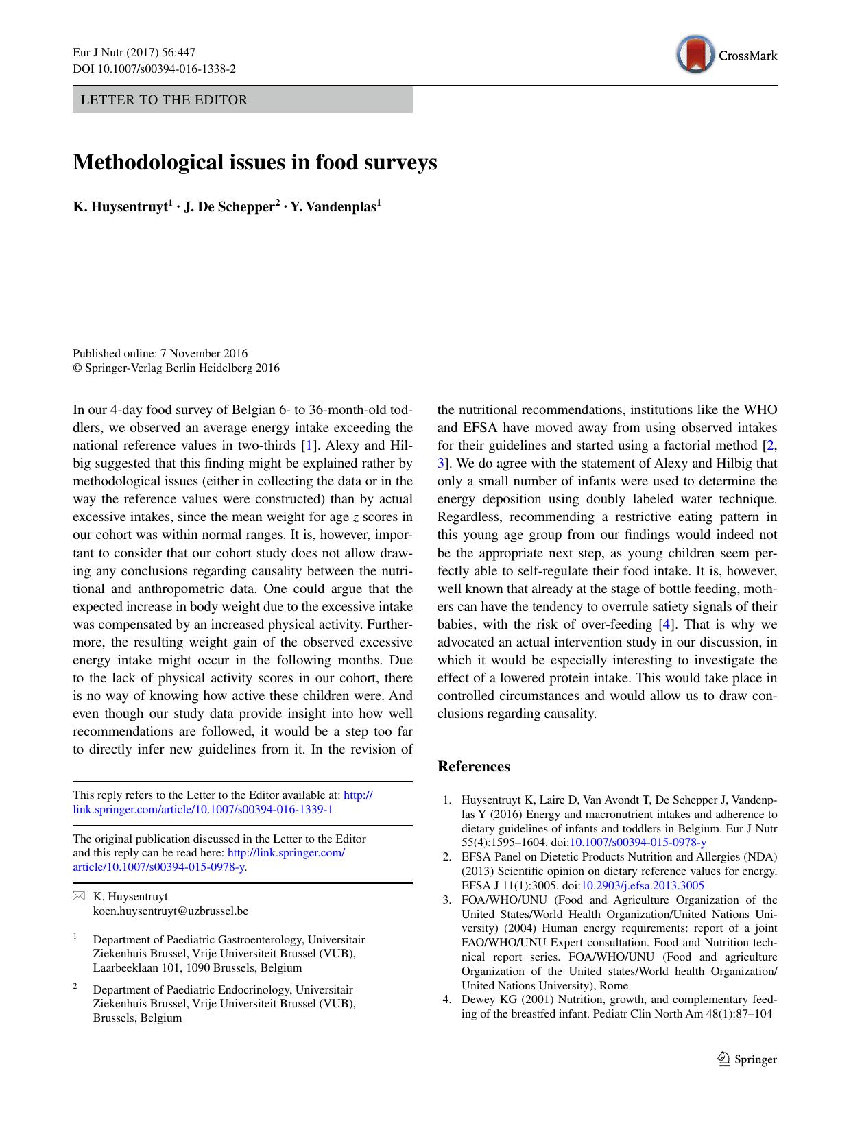 Methodological issues in food surveys by K. Huysentruyt & J. De Schepper & Y. Vandenplas