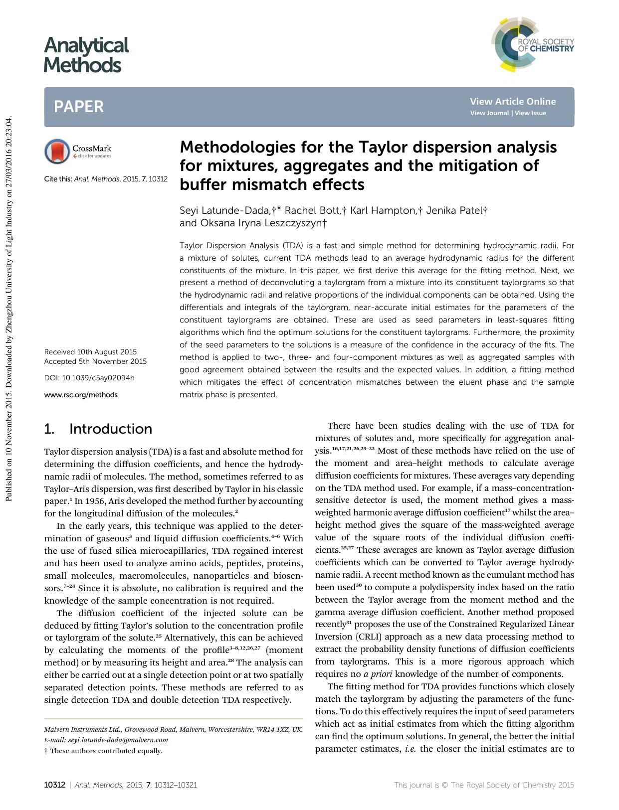 Methodologies for the Taylor dispersion analysis for mixtures, aggregates and the mitigation of buffer mismatch effects by Seyi Latunde-Dada & Rachel Bott & Karl Hampton & Jenika Patel & Oksana Iryna Leszczyszyn