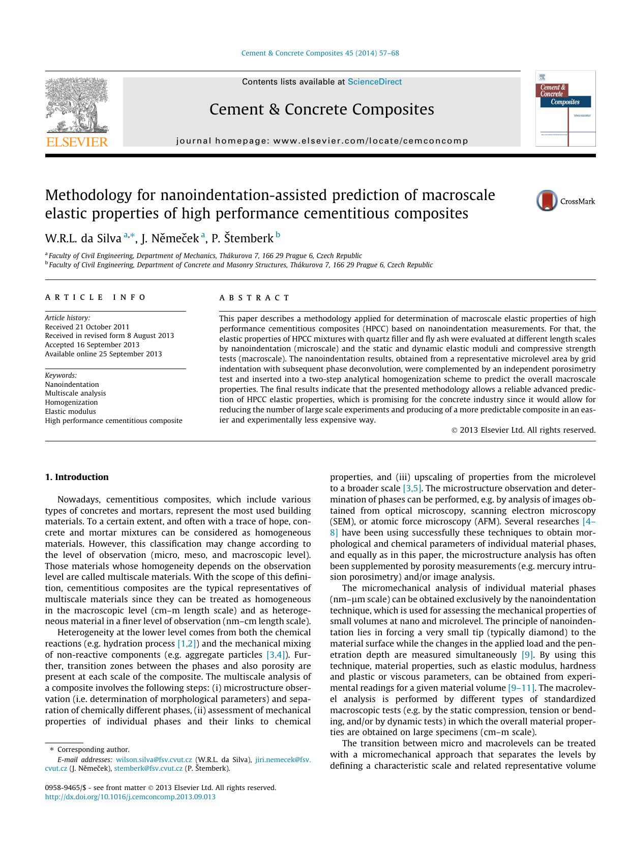 Methodology for nanoindentation-assisted prediction of macroscale elastic properties of high performance cementitious composites by W.R.L. da Silva & J. Němeček & P. Štemberk