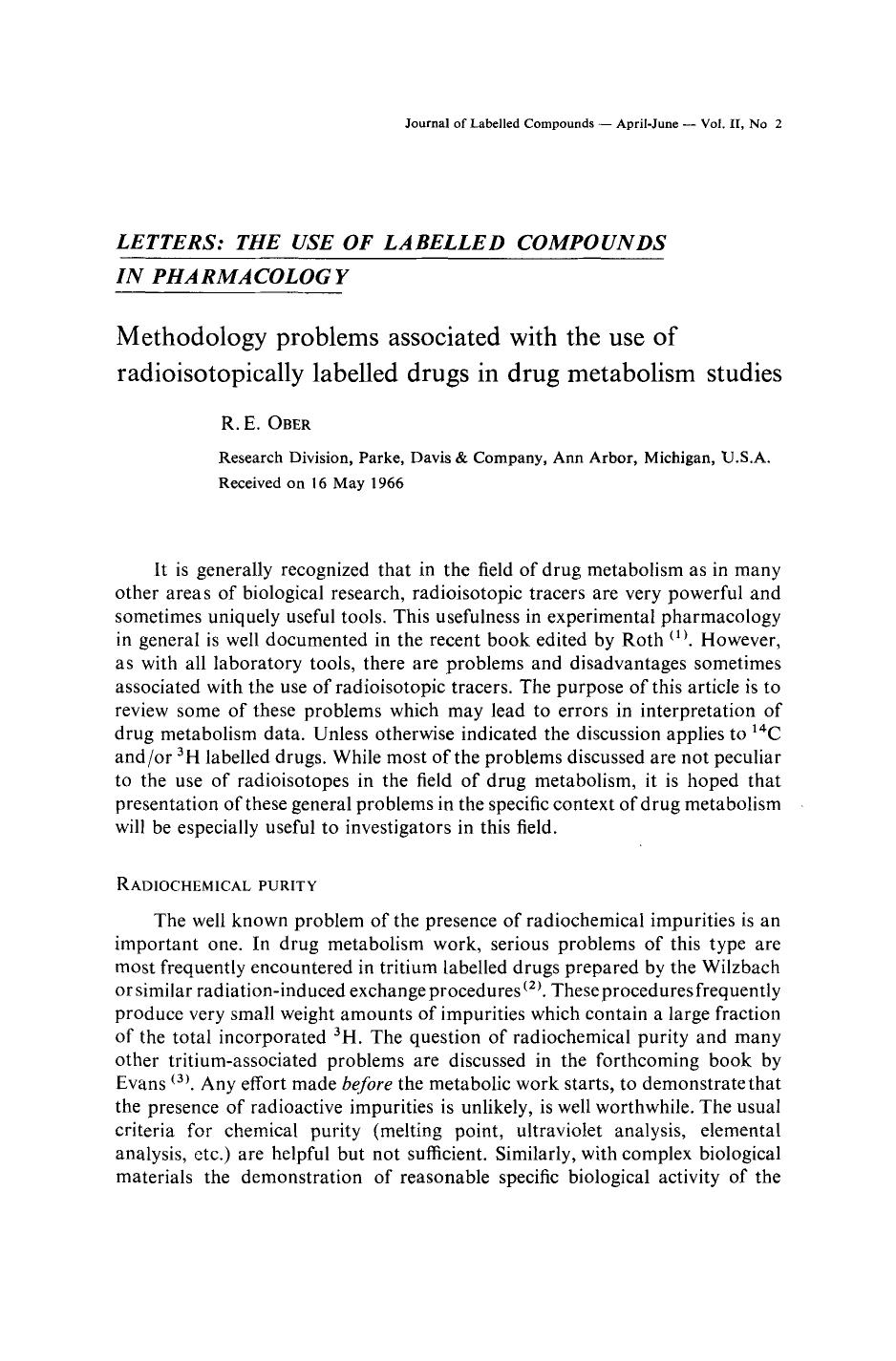 Methodology problems associated with the use of radioisotopically labelled drugs in drug metabolism studies by Unknown