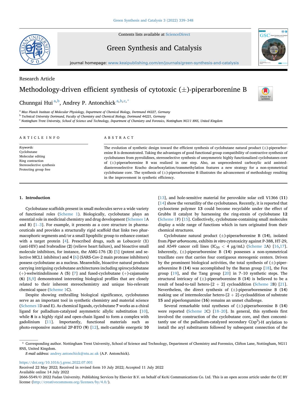 Methodology-driven efficient synthesis of cytotoxic (&plusmn;)-piperarborenine B by Chunngai Hui & Andrey P. Antonchick
