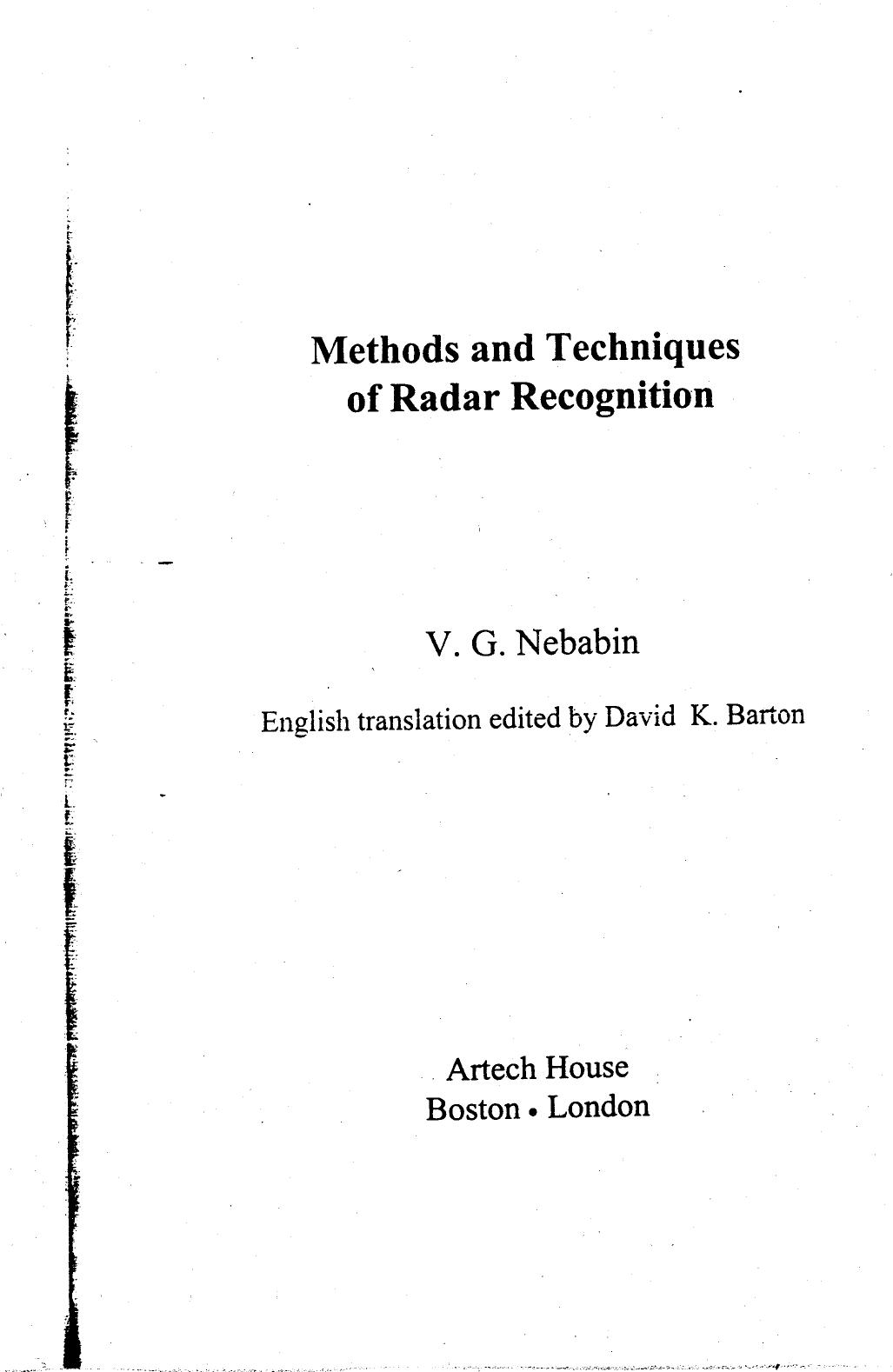 Methods and Techniques of Radar Recognition (Artech House Radar Library) by Victor G. Nebabin