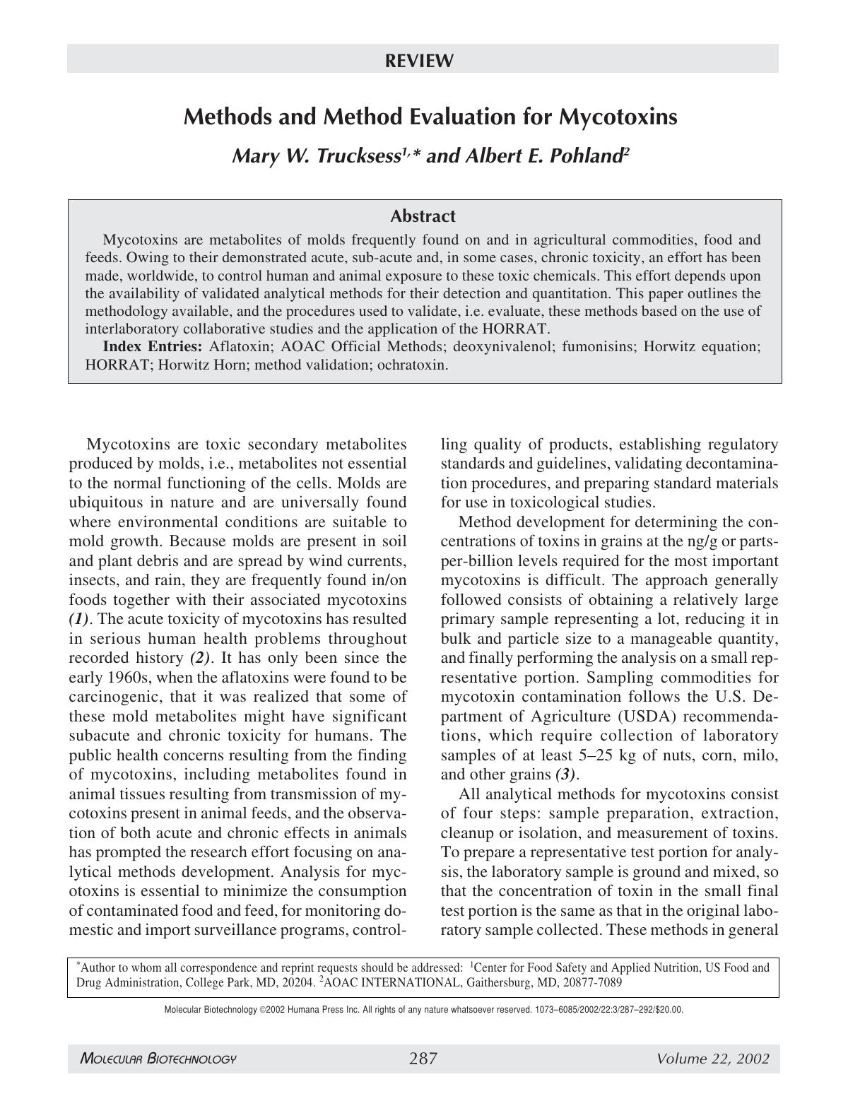 Methods and method evaluation for mycotoxins by Unknown