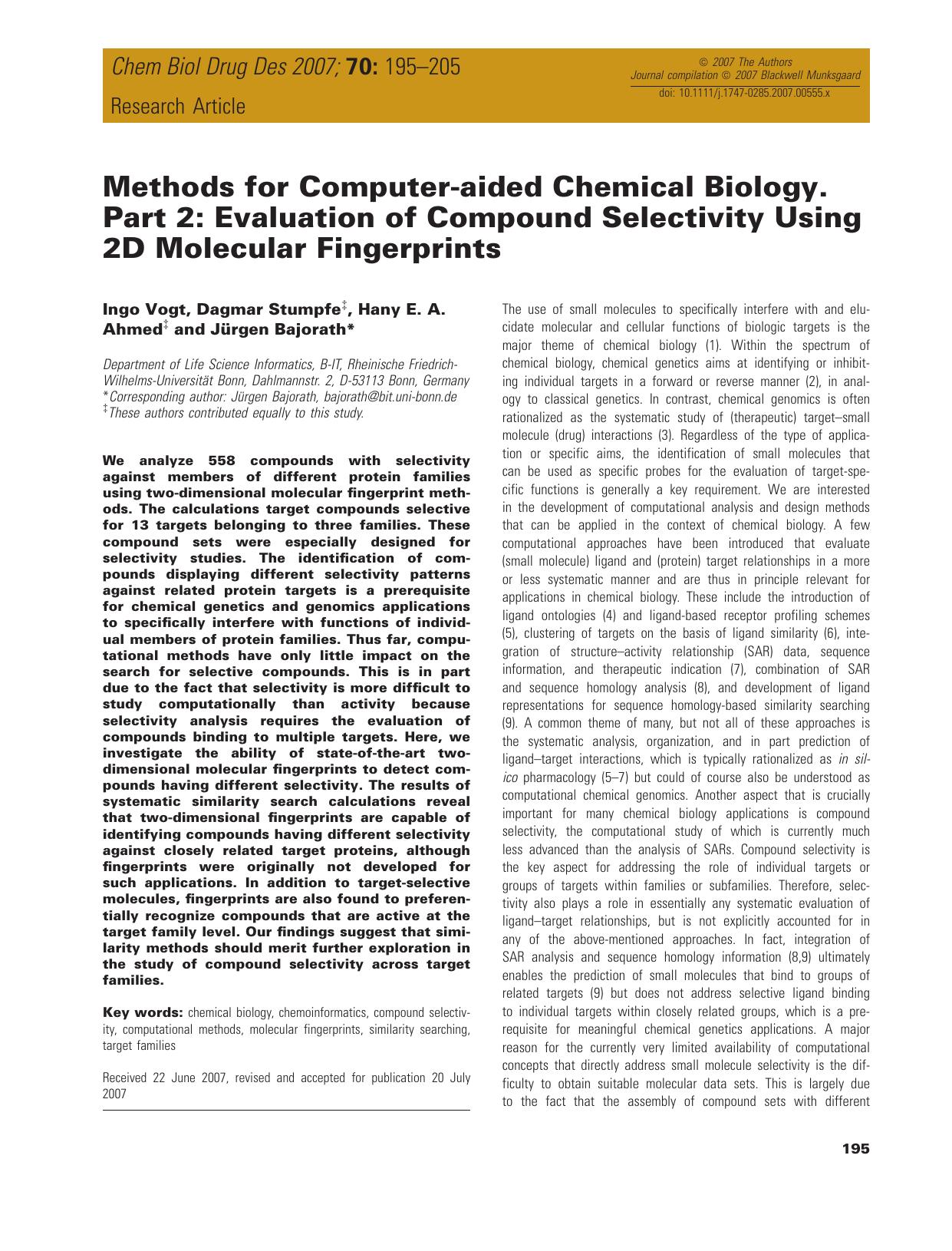 Methods for Computer-aided Chemical Biology. Part 2: Evaluation of Compound Selectivity Using 2D Molecular Fingerprints by unknow