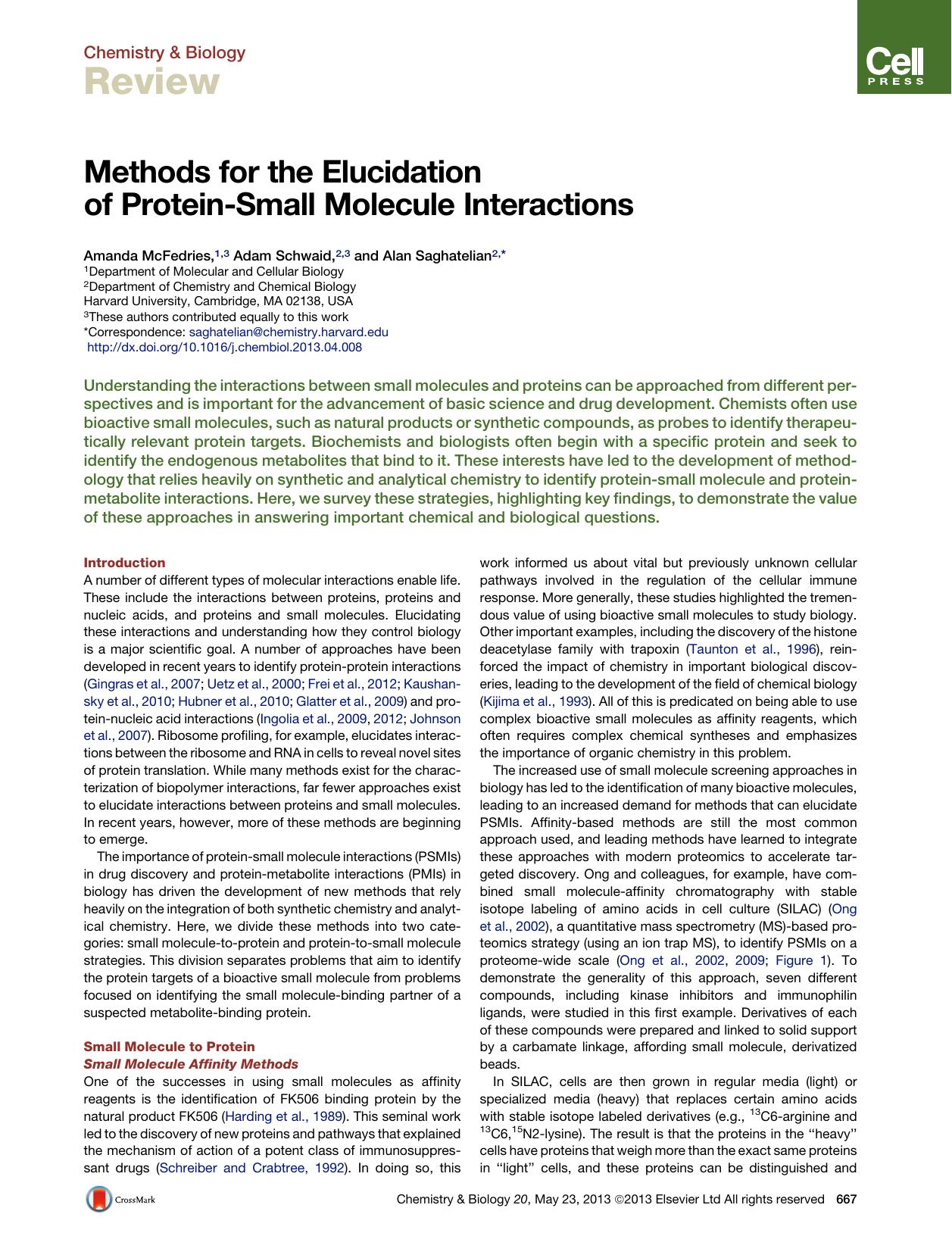 Methods for the Elucidation of Protein-Small Molecule Interactions by Amanda McFedries & Adam Schwaid & Alan Saghatelian