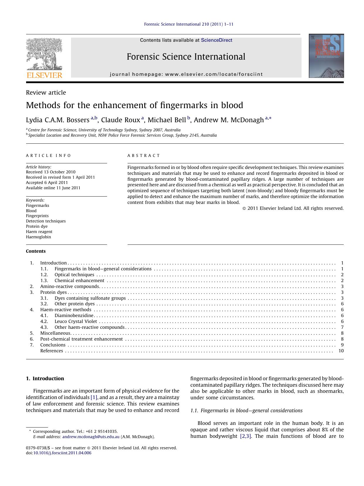 Methods for the enhancement of fingermarks in blood by Lydia C.A.M. Bossers