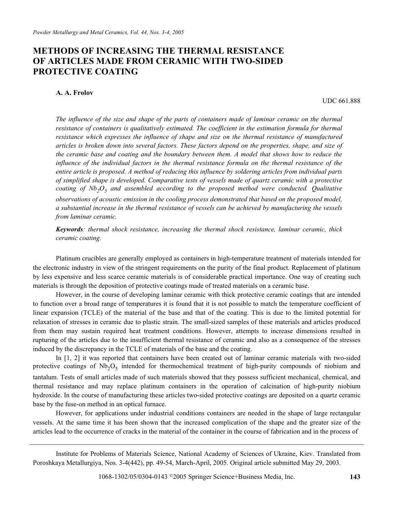 Methods of Increasing the Thermal Resistance of Articles Made from Ceramic with Two-Sided Protective Coating by Unknown