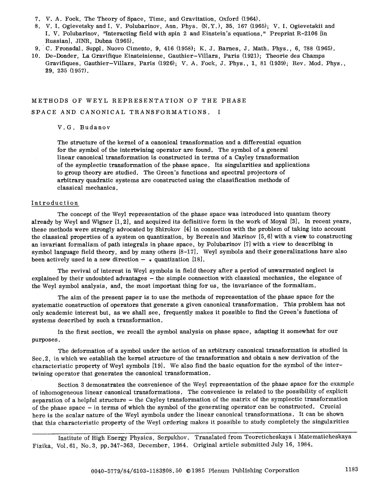 Methods of Weyl representation of the phase space and canonical transformations. I by Unknown