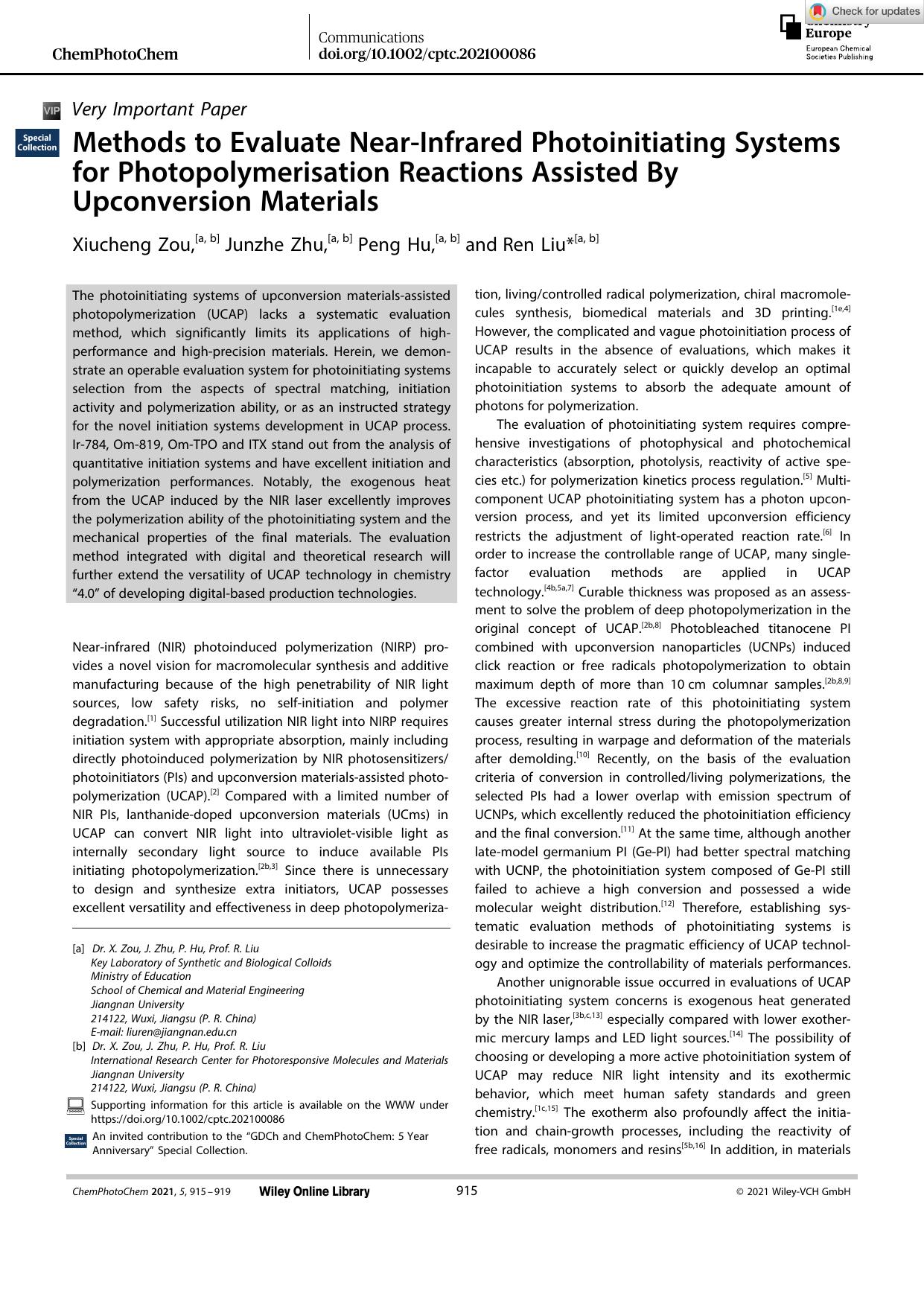 Methods to Evaluate NearâInfrared Photoinitiating Systems for Photopolymerisation Reactions Assisted By Upconversion Materials by Unknown