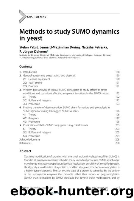 Methods to study SUMO dynamics in yeast by Stefan Pabst & Lennard-Maximilian Döring & Natasha Petreska & R. Jürgen Dohmen