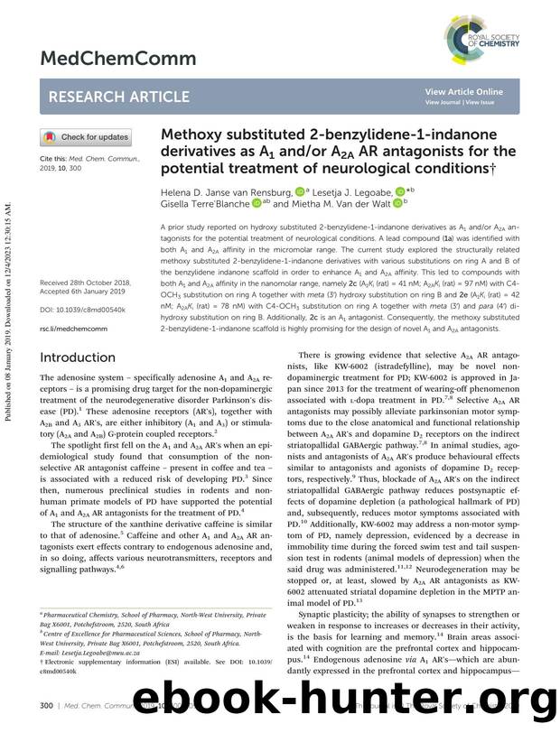 Methoxy substituted 2-benzylidene-1-indanone derivatives as A1 andor A2A AR antagonists for the potential treatment of neurological conditions by Helena D. Janse van Rensburg & Lesetja J. Legoabe & Gisella Terre'Blanche & Mietha M. Van der Walt