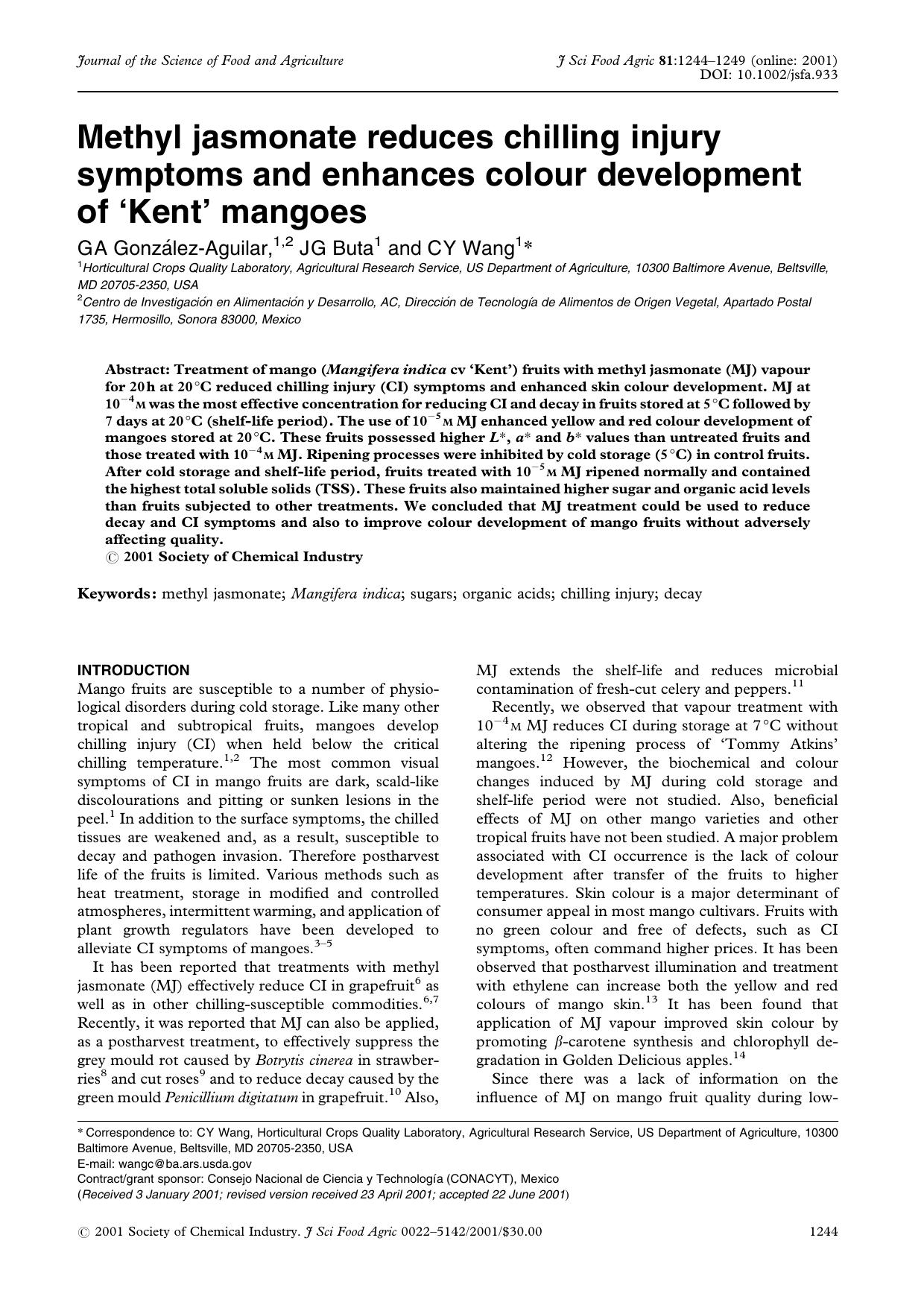 Methyl jasmonate reduces chilling injury symptoms and enhances colour development of `Kent' mangoes by Unknown