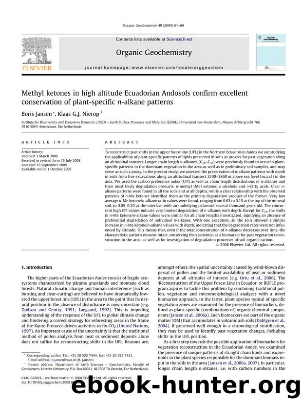 Methyl ketones in high altitude Ecuadorian Andosols confirm excellent conservation of plant-specific n-alkane patterns by Boris Jansen; Klaas G.J. Nierop