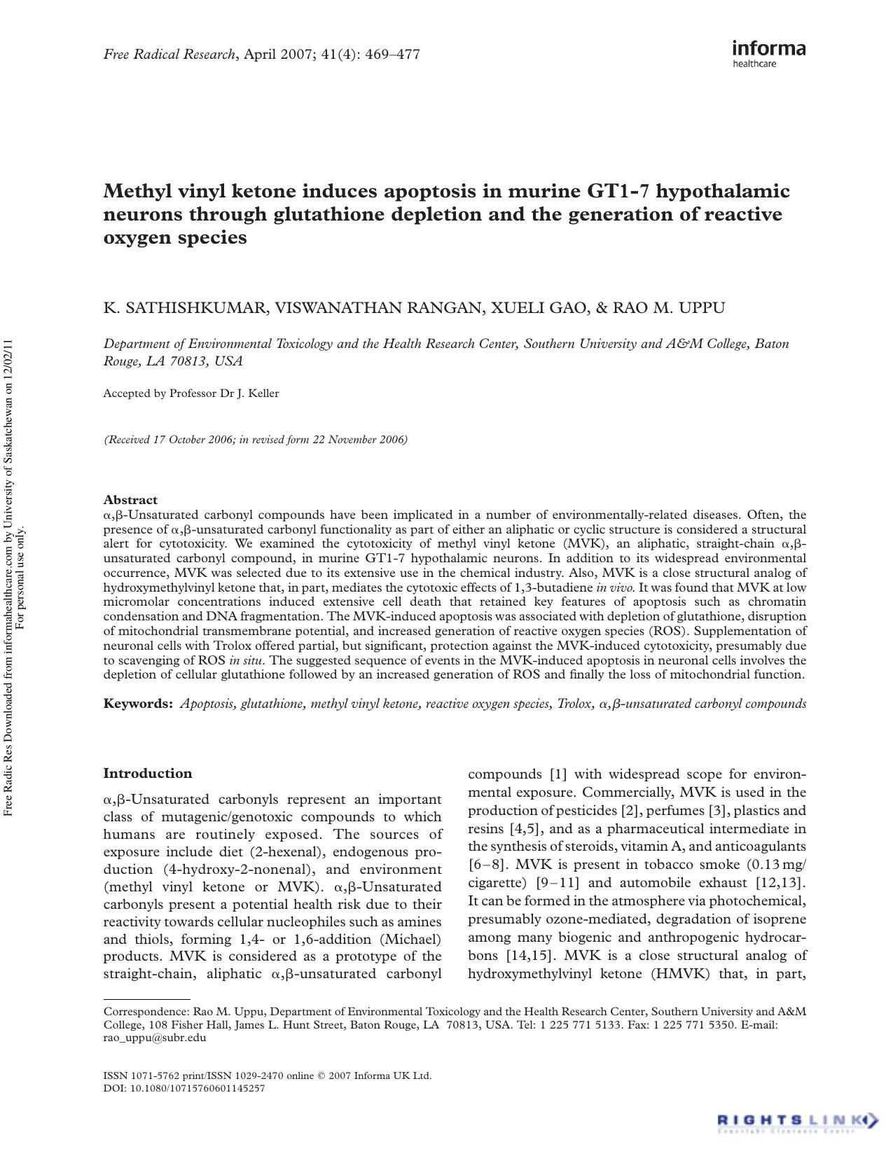 Methyl vinyl ketone induces apoptosis in murine GT1-7 hypothalamic neurons through glutathione depletion and the generation of reactive oxygen species by K. Sathishkumar1 Viswanathan Rangan1 Xueli Gao1 & Rao M. Uppu1†