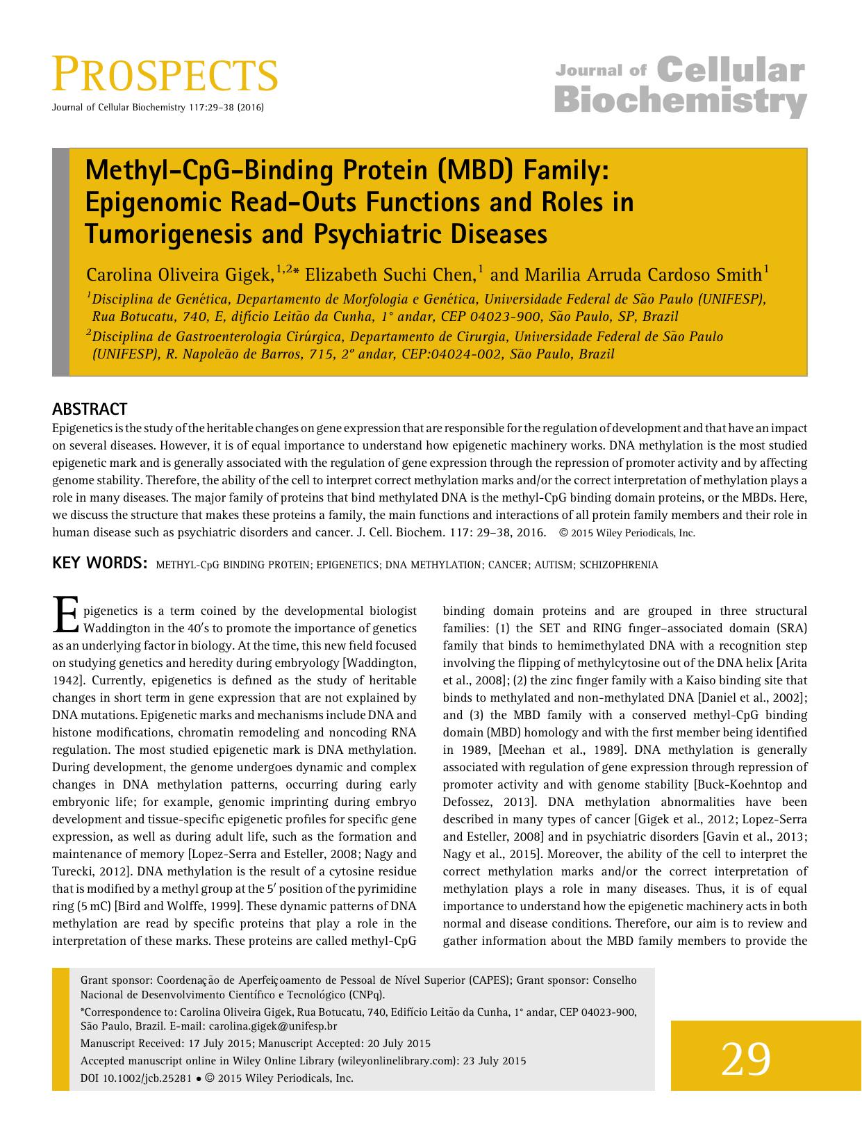 Methyl-CpG-Binding Protein (MBD) Family: Epigenomic Read-Outs Functions and Roles in Tumorigenesis and Psychiatric Diseases by Unknown