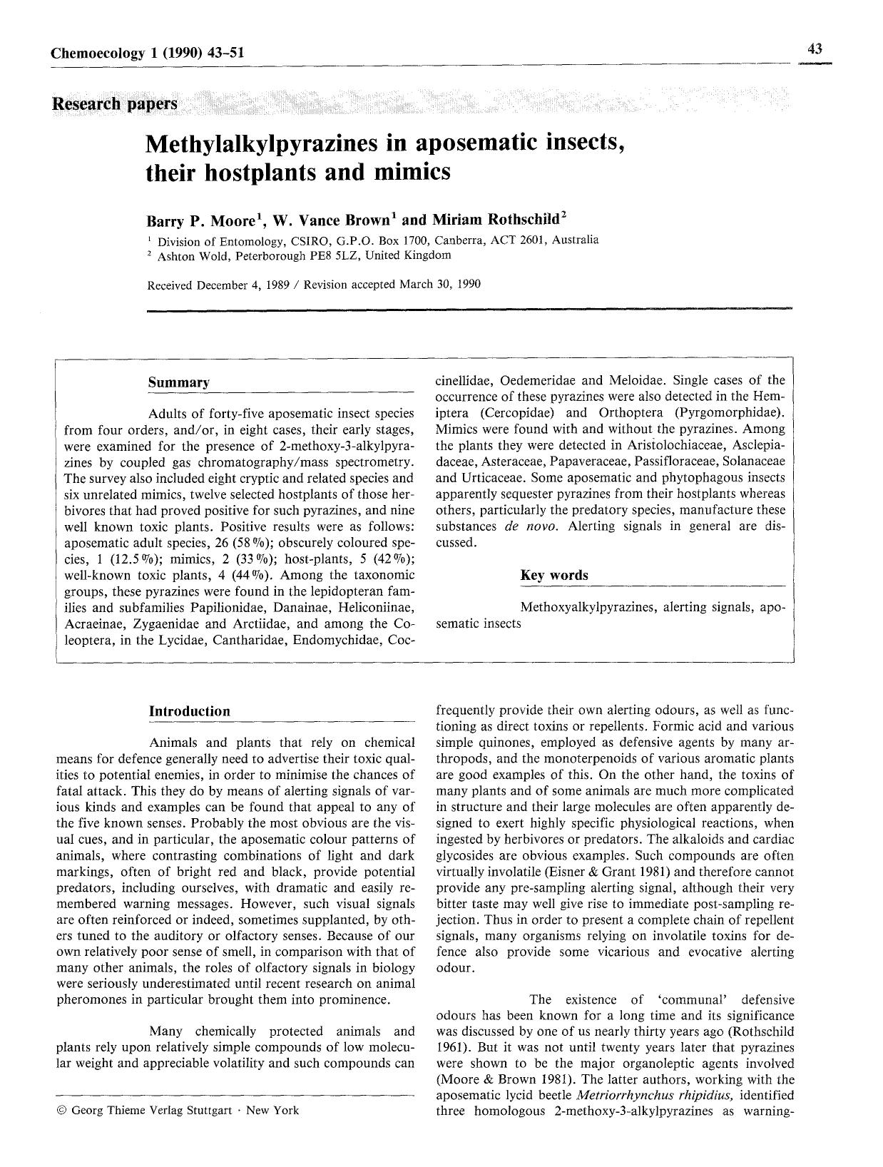 Methylalkylpyrazines in aposematic insects, their hostplants and mimics by Unknown