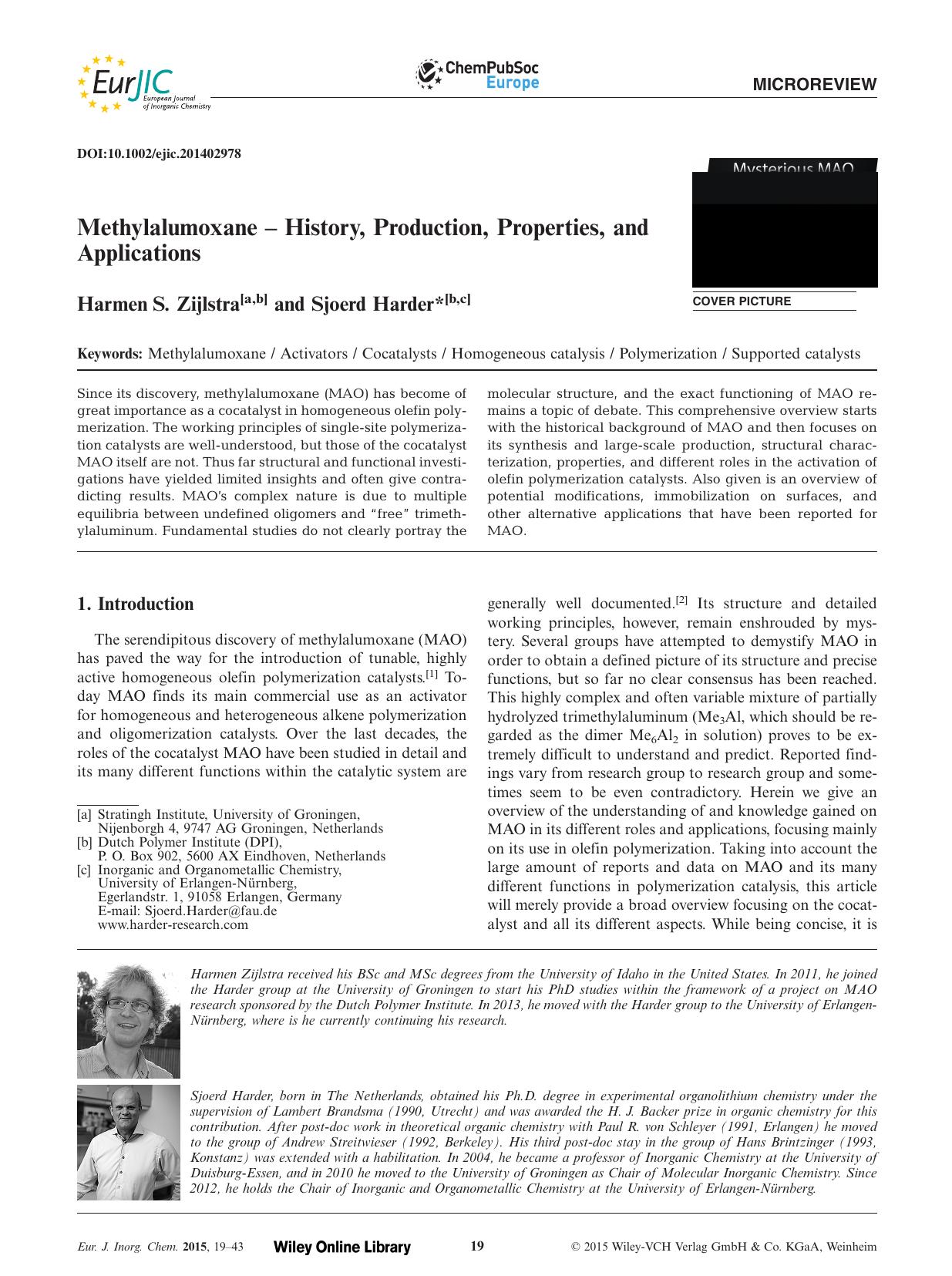 Methylalumoxane History, Production, Properties, and Applications by Unknown