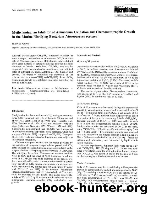 Methylamine, an inhibitor of ammonium oxidation and chemoautotrophic growth in the marine nitrifying bacterium <Emphasis Type="Italic">Nitrosococcus oceanus <Emphasis> by Unknown
