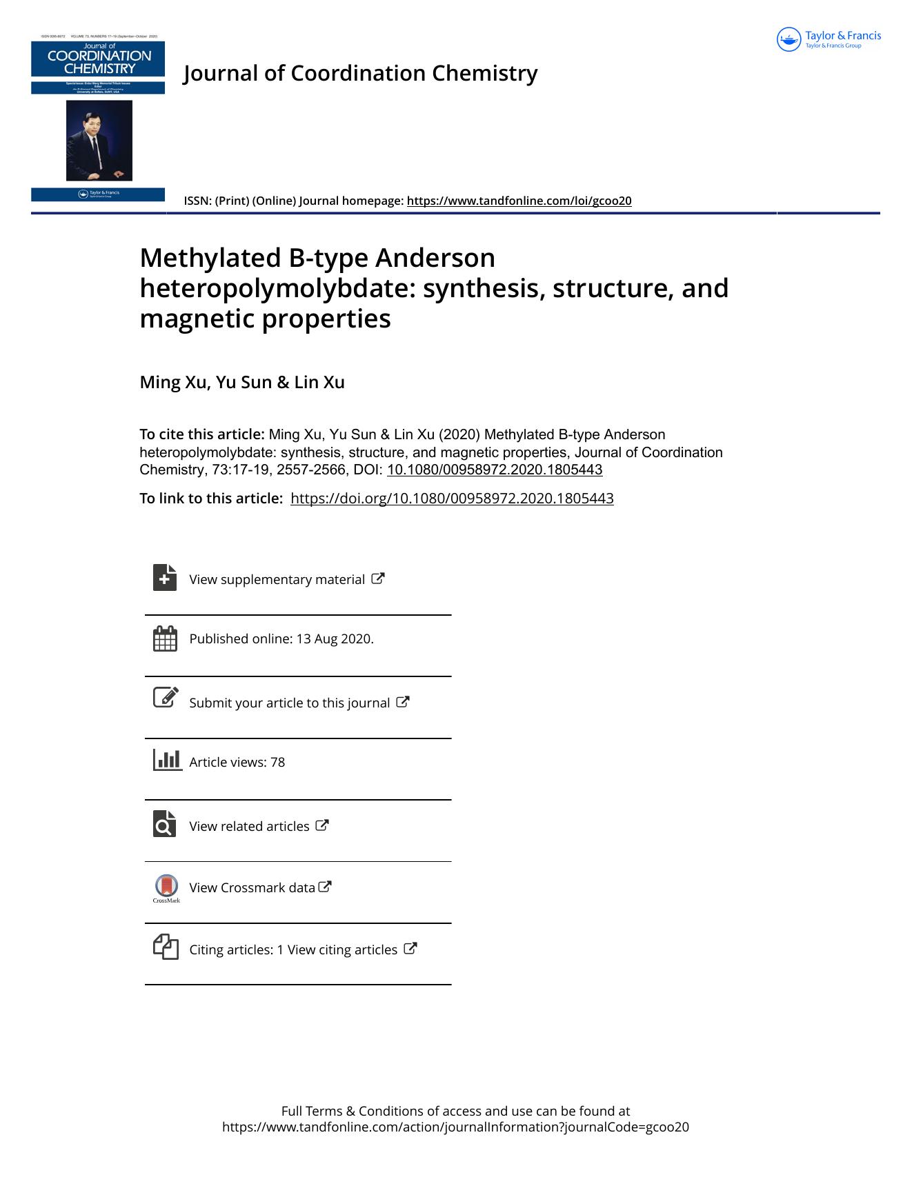 Methylated B-type Anderson heteropolymolybdate: synthesis, structure, and magnetic properties by Xu Ming & Sun Yu & Xu Lin