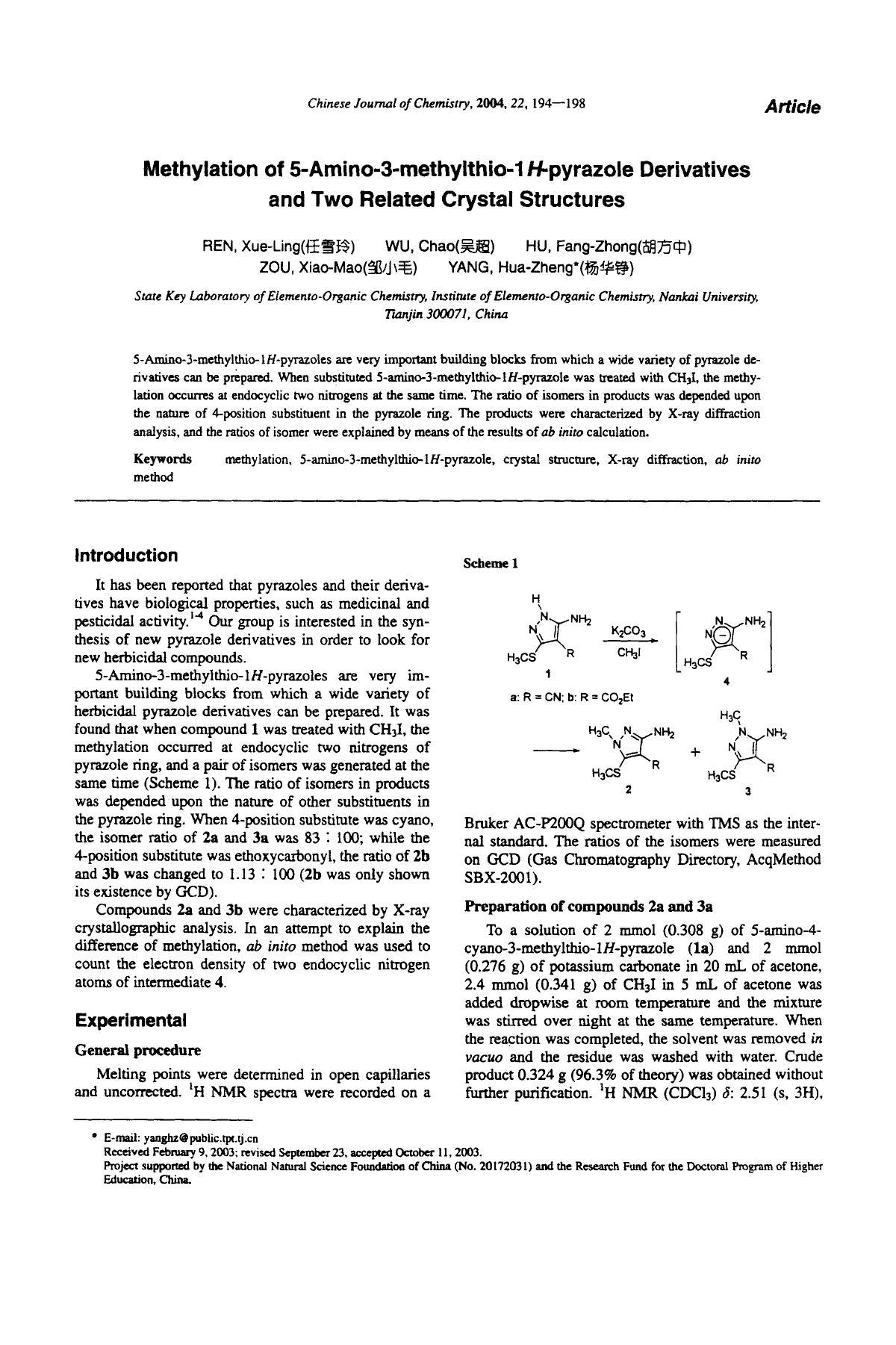Methylation of 5Amino3methylthio1 Hpyrazole Derivatives and Two Related Crystal Structures by Unknown