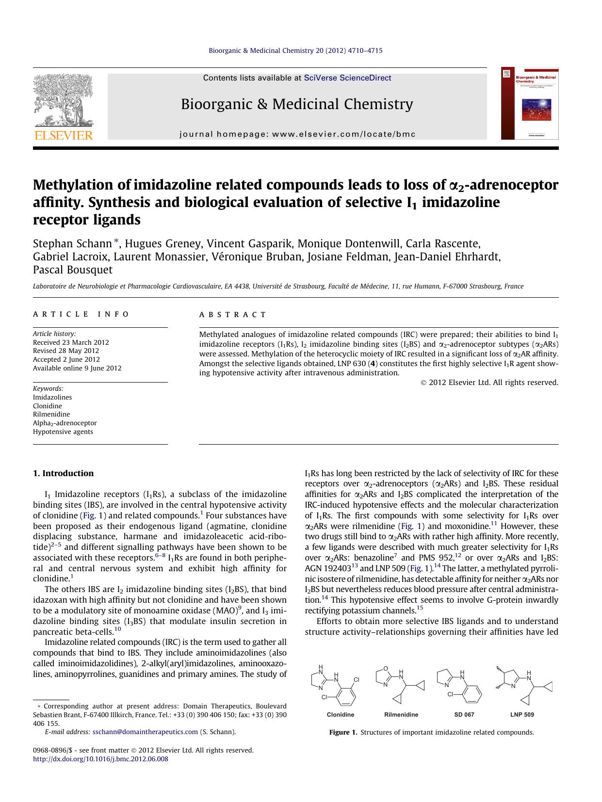 Methylation of imidazoline related compounds leads to loss of ÃÂ±2-adrenoceptor affinity. Synthesis and biological evaluation of selective I1 imidazoline receptor ligands by unknow