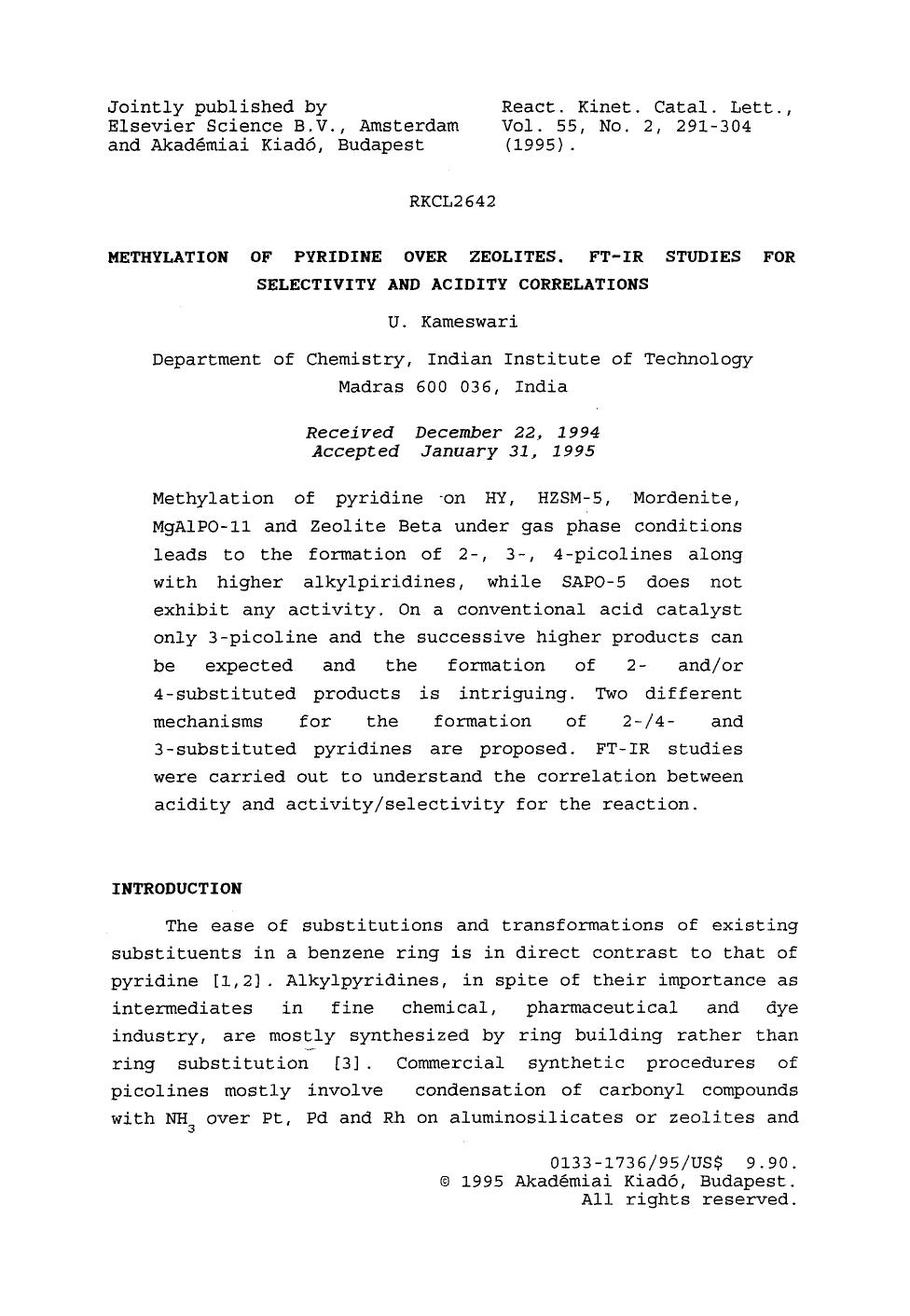 Methylation of pyridine over zeolites. FT-IR studies for selectivity and acidity correlations by Unknown