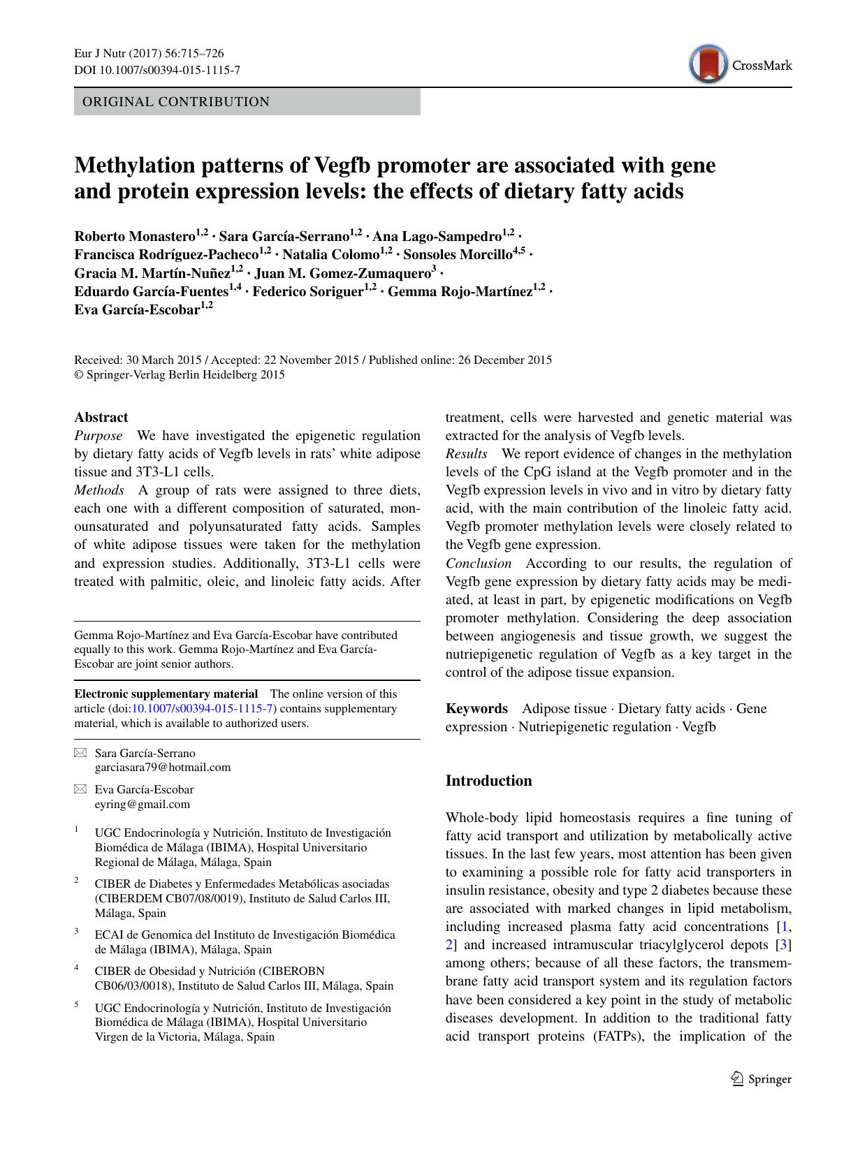 Methylation patterns of Vegfb promoter are associated with gene and protein expression levels: the effects of dietary fatty acids by unknow