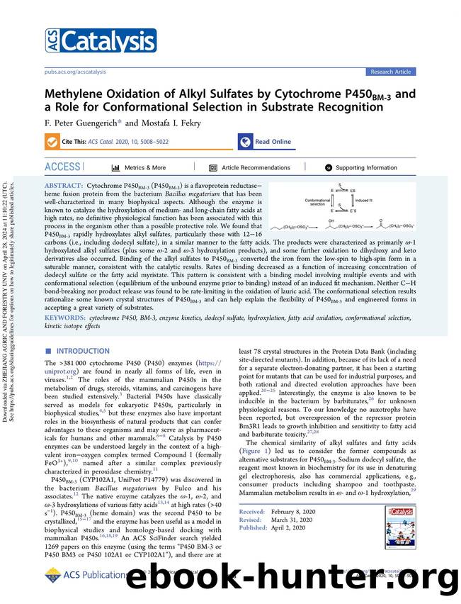 Methylene Oxidation of Alkyl Sulfates by Cytochrome P450BM-3 and a Role for Conformational Selection in Substrate Recognition by F. Peter Guengerich & Mostafa I. Fekry