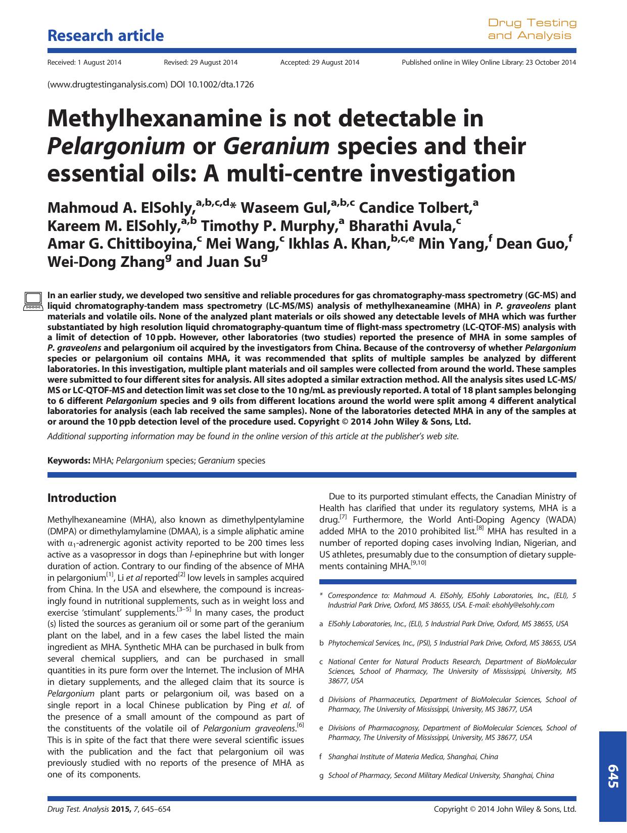 Methylhexanamine is not detectable in Pelargonium or Geranium species and their essential oils: A multi-centre investigation by unknow