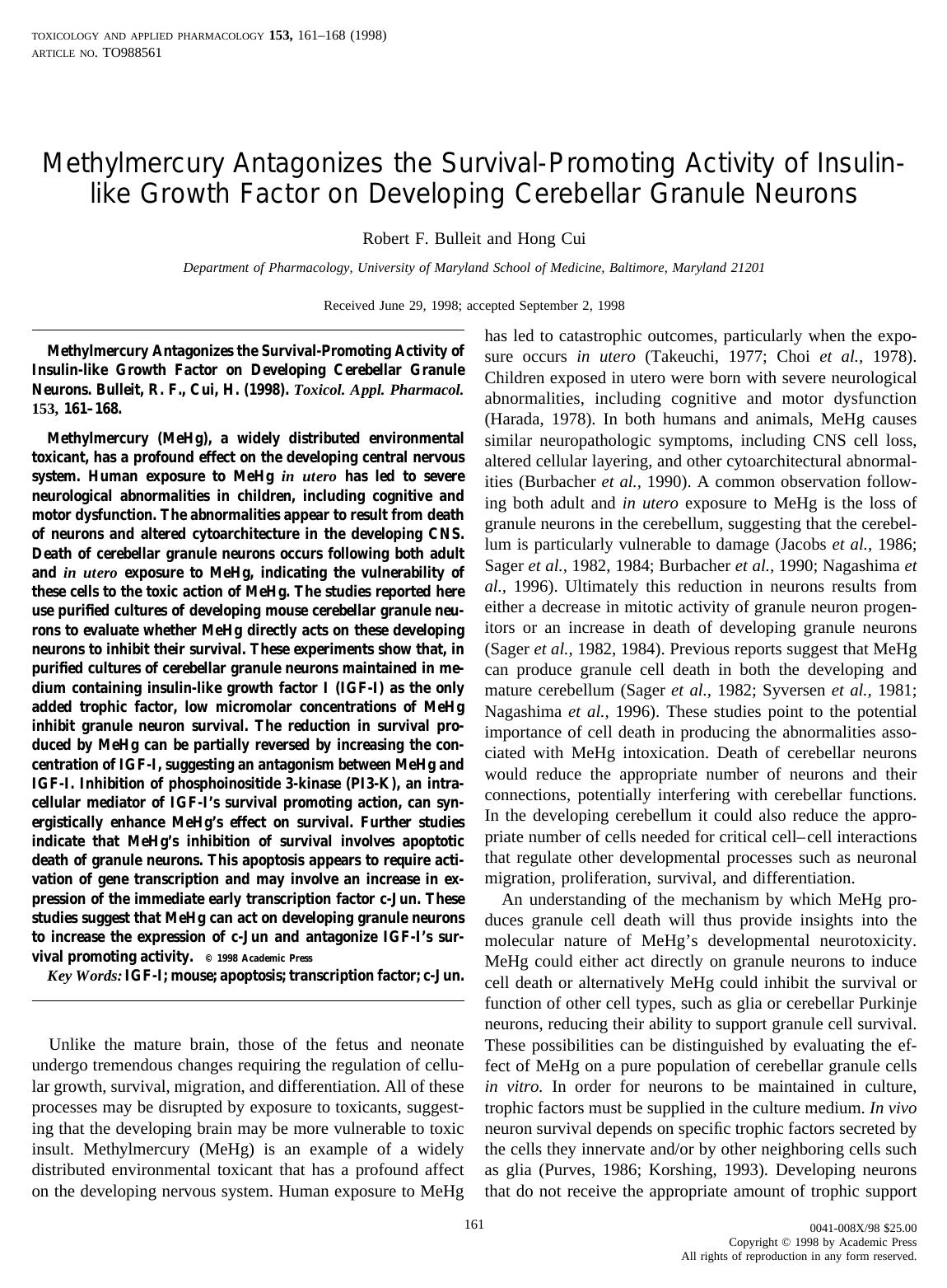 Methylmercury Antagonizes the Survival-Promoting Activity of Insulin-like Growth Factor on Developing Cerebellar Granule Neurons by Bulleit R. F. et al