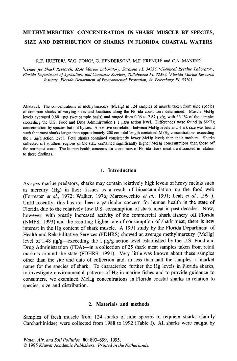 Methylmercury concentration in shark muscle by species, size and distribution of sharks in Florida coastal waters by Unknown