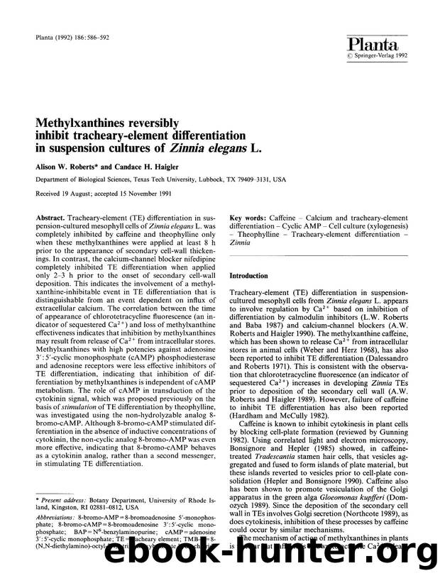 Methylxanthines reversibly inhibit tracheary-element differentiation in suspension cultures of <Emphasis Type="Italic">Zinnia elegans<Emphasis> L. by Unknown