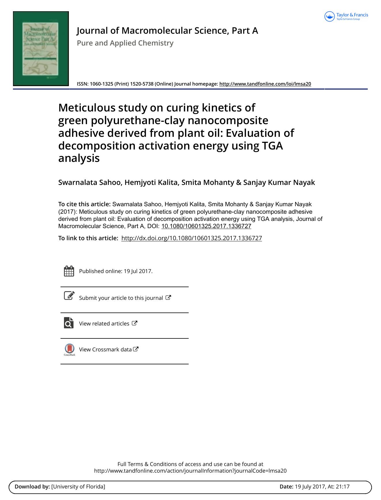 Meticulous study on curing kinetics of green polyurethane-clay nanocomposite adhesive derived from plant oil: Evaluation of decomposition activation energy using TGA analysis by Swarnalata Sahoo & Hemjyoti Kalita & Smita Mohanty & Sanjay Kumar Nayak