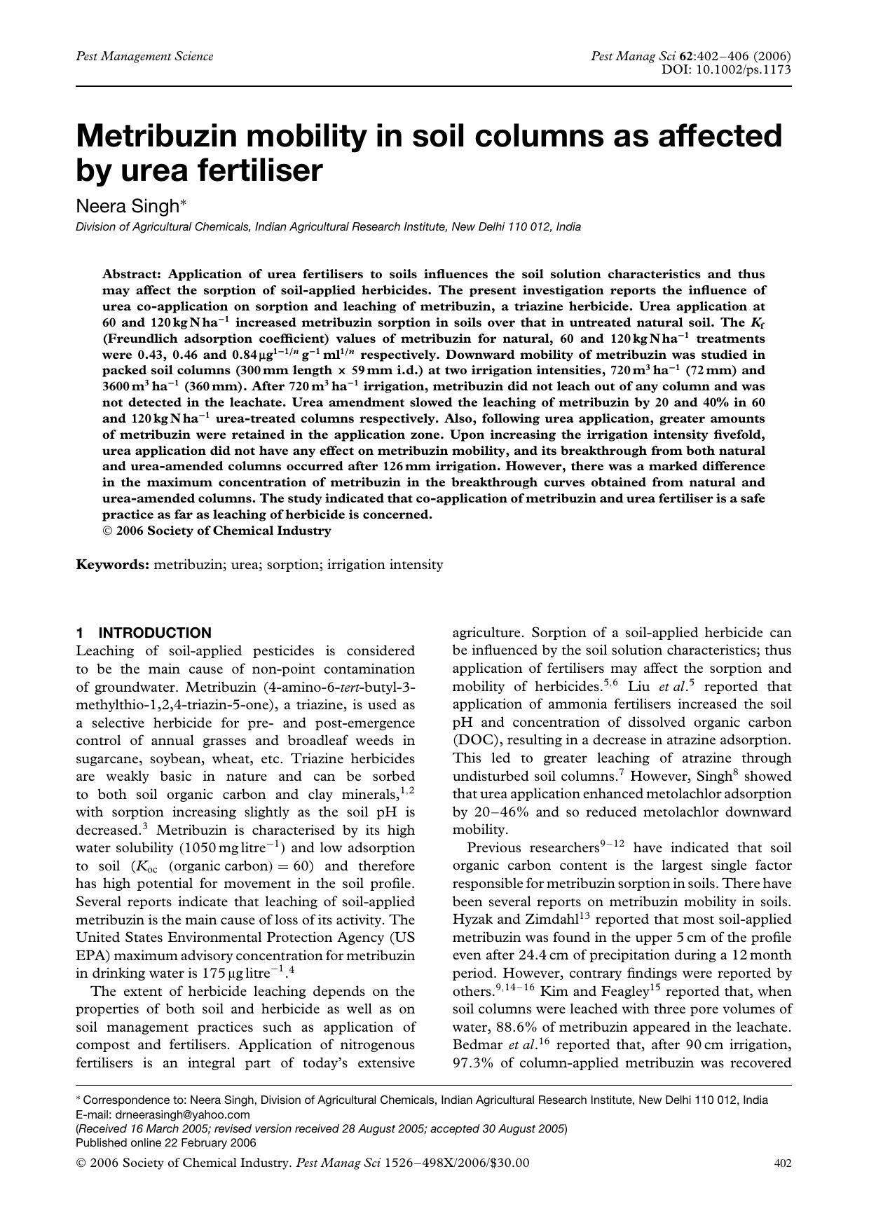 Metribuzin mobility in soil columns as affected by urea fertiliser by Unknown