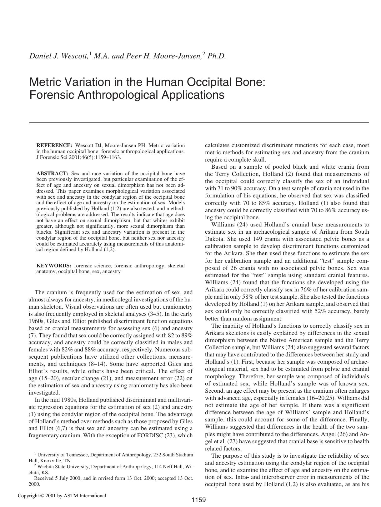 Metric variation in the human occipital bone: forensic anthropological applications by Wescott DJ Moore-Jansen PH