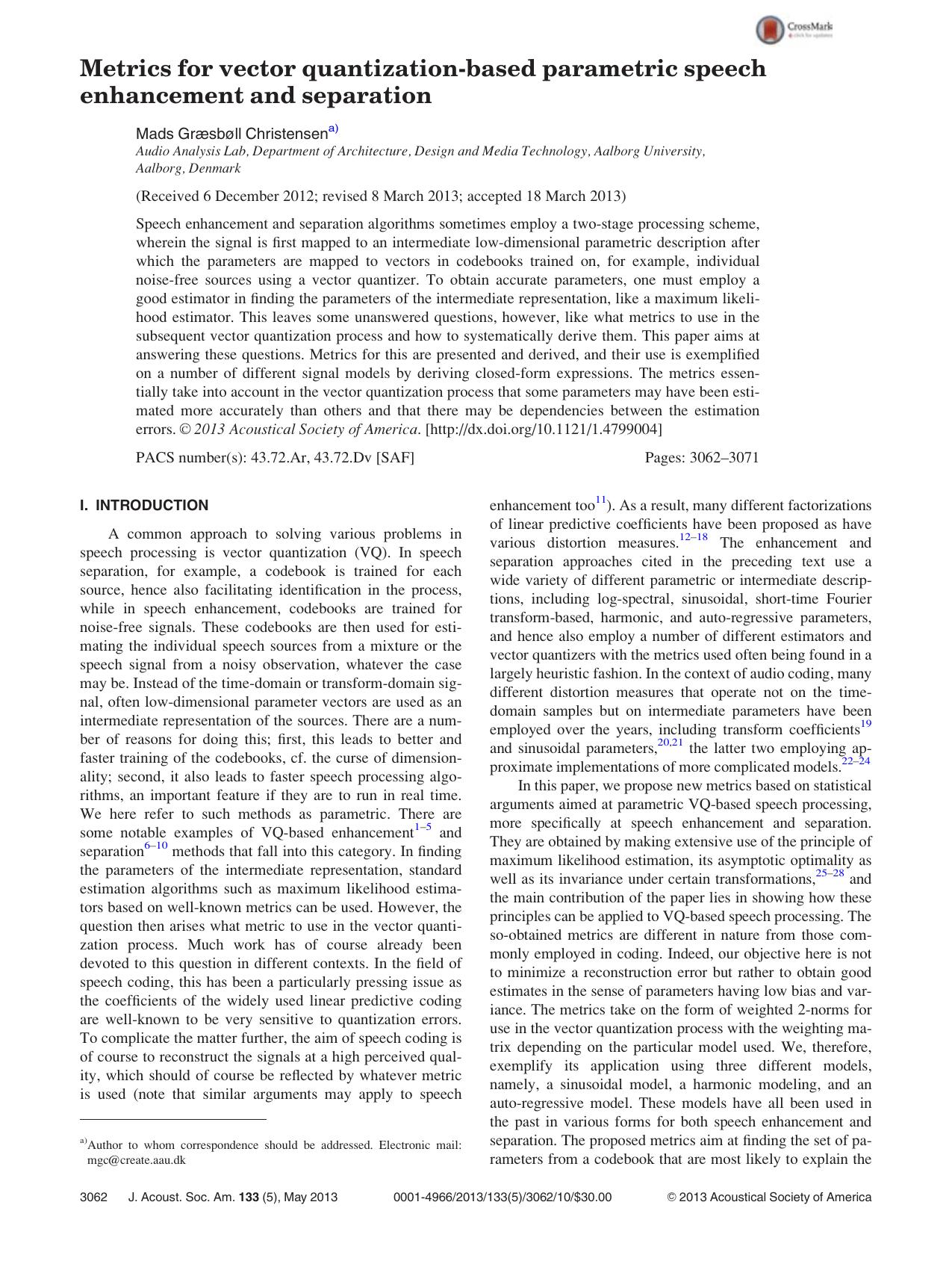 Metrics for vector quantization-based parametric speech enhancement and separation by Mads Græsbøll Christensena)