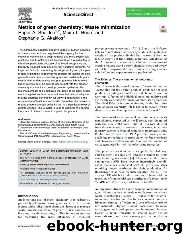 Metrics of green chemistry: Waste minimization by Roger A. Sheldon & Moira L. Bode & Stephanie G. Akakios