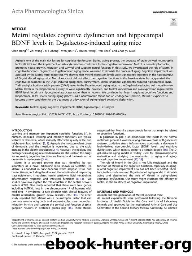 Metrnl regulates cognitive dysfunction and hippocampal BDNF levels in D-galactose-induced aging mice by Chen Hong & Zhi Wang & Si-li Zheng & Wen-jun Hu & Shu-na Wang & Yan Zhao & Chao-yu Miao