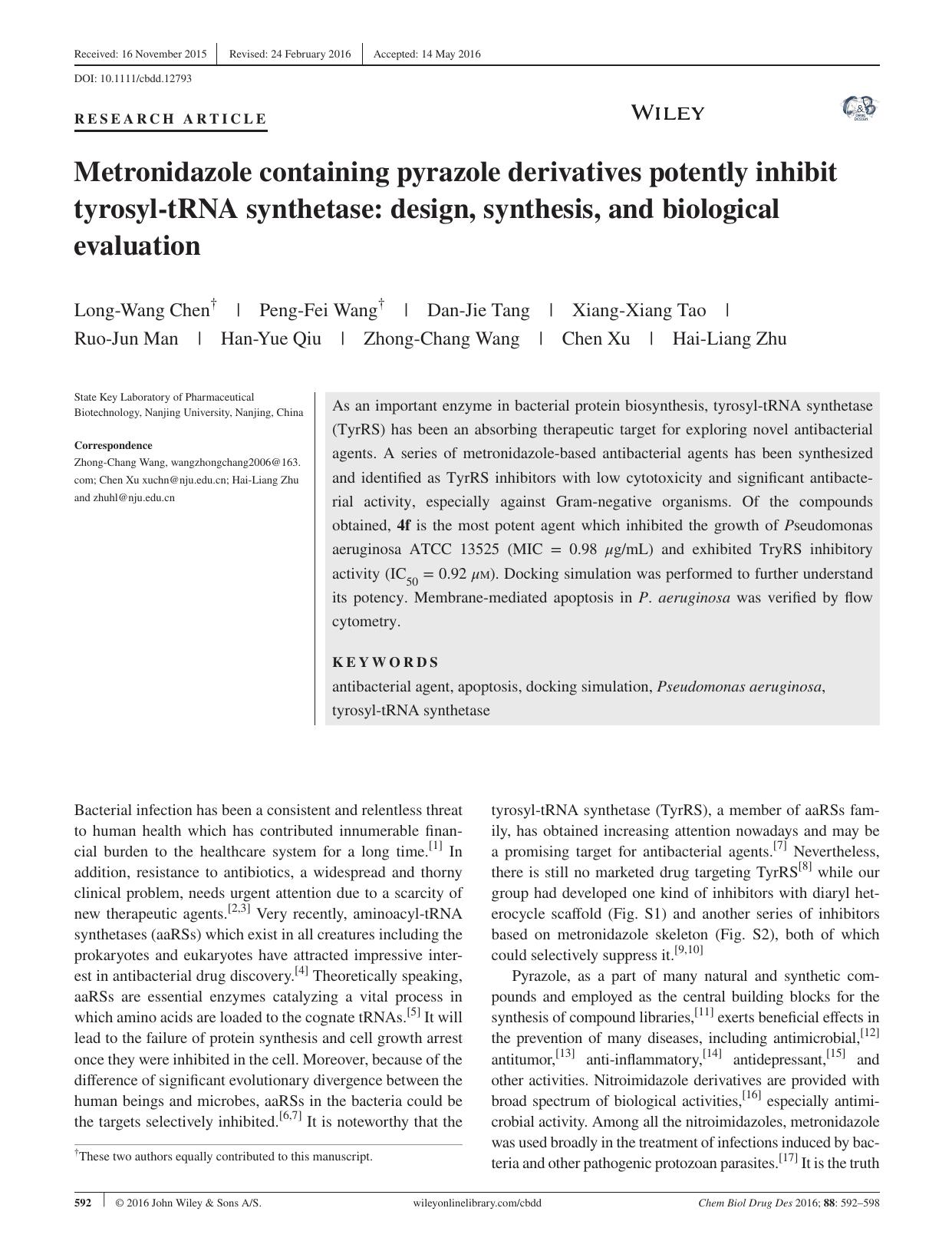 Metronidazole containing pyrazole derivatives potently inhibit tyrosyl‐tRNA synthetase: design, synthesis, and biological evaluation by unknow