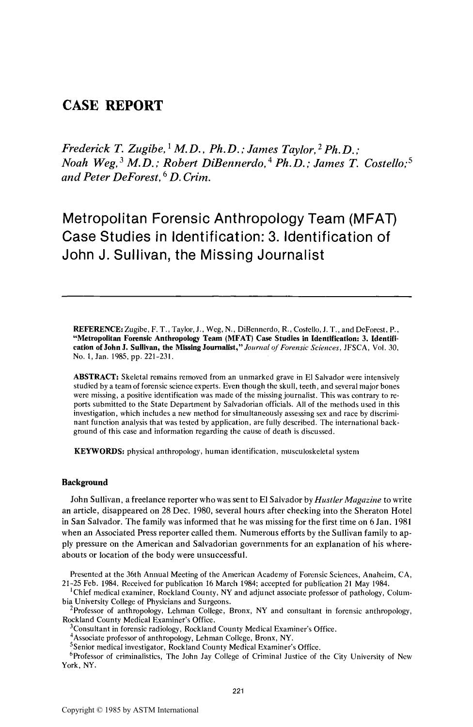 Metropolitan Forensic Anthropology, Team (MFAT) Case Studies in Identification: 3. Identification of John J. Sullivan, the Missing Journalist by Zugibe FT Taylor J Weg N DiBennerdo R Costello JT DeForest P