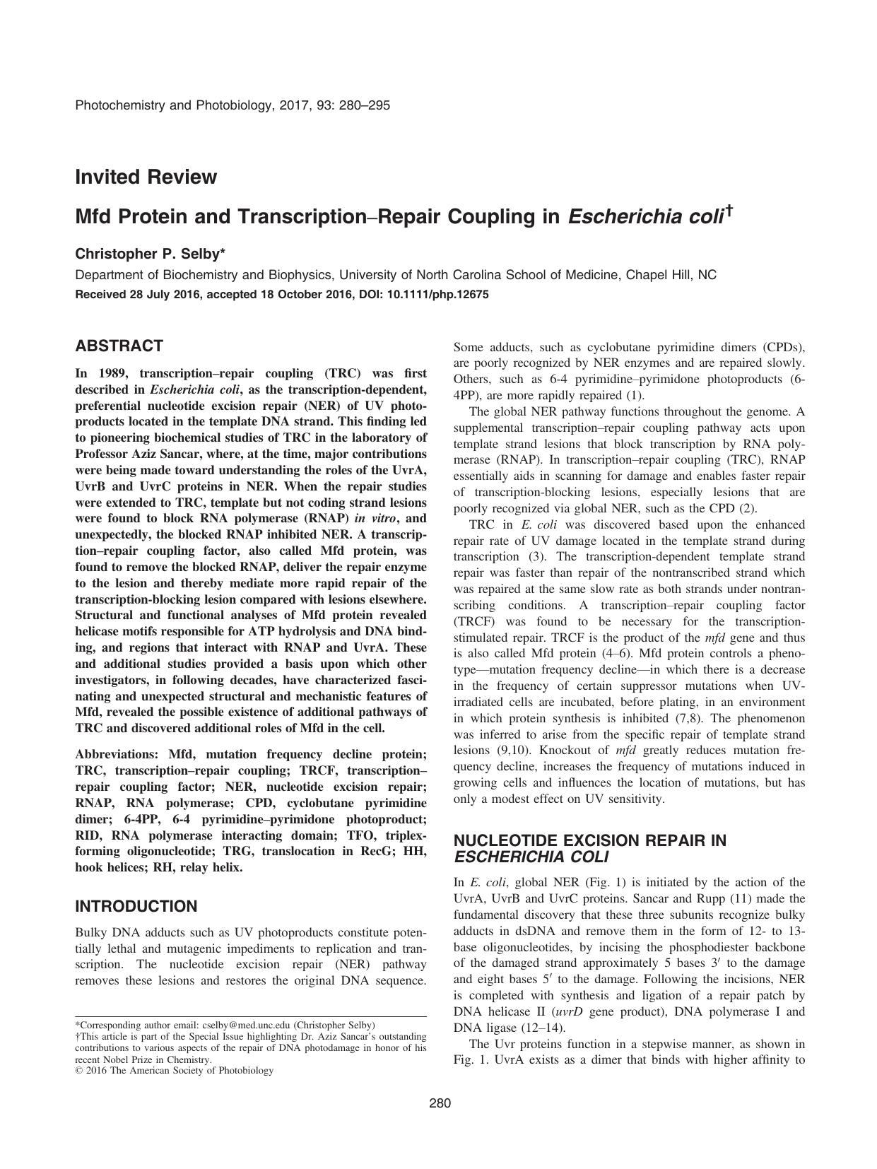 Mfd Protein and TranscriptionâRepair Coupling in Escherichia coli by Unknown