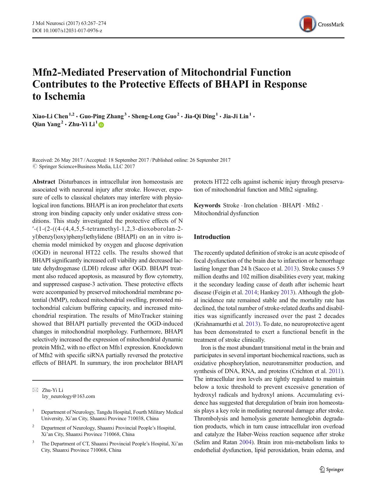 Mfn2-Mediated Preservation of Mitochondrial Function Contributes to the Protective Effects of BHAPI in Response to Ischemia by Xiao-Li Chen & Guo-Ping Zhang & Sheng-Long Guo & Jia-Qi Ding & Jia-Ji Lin & Qian Yang & Zhu-Yi Li