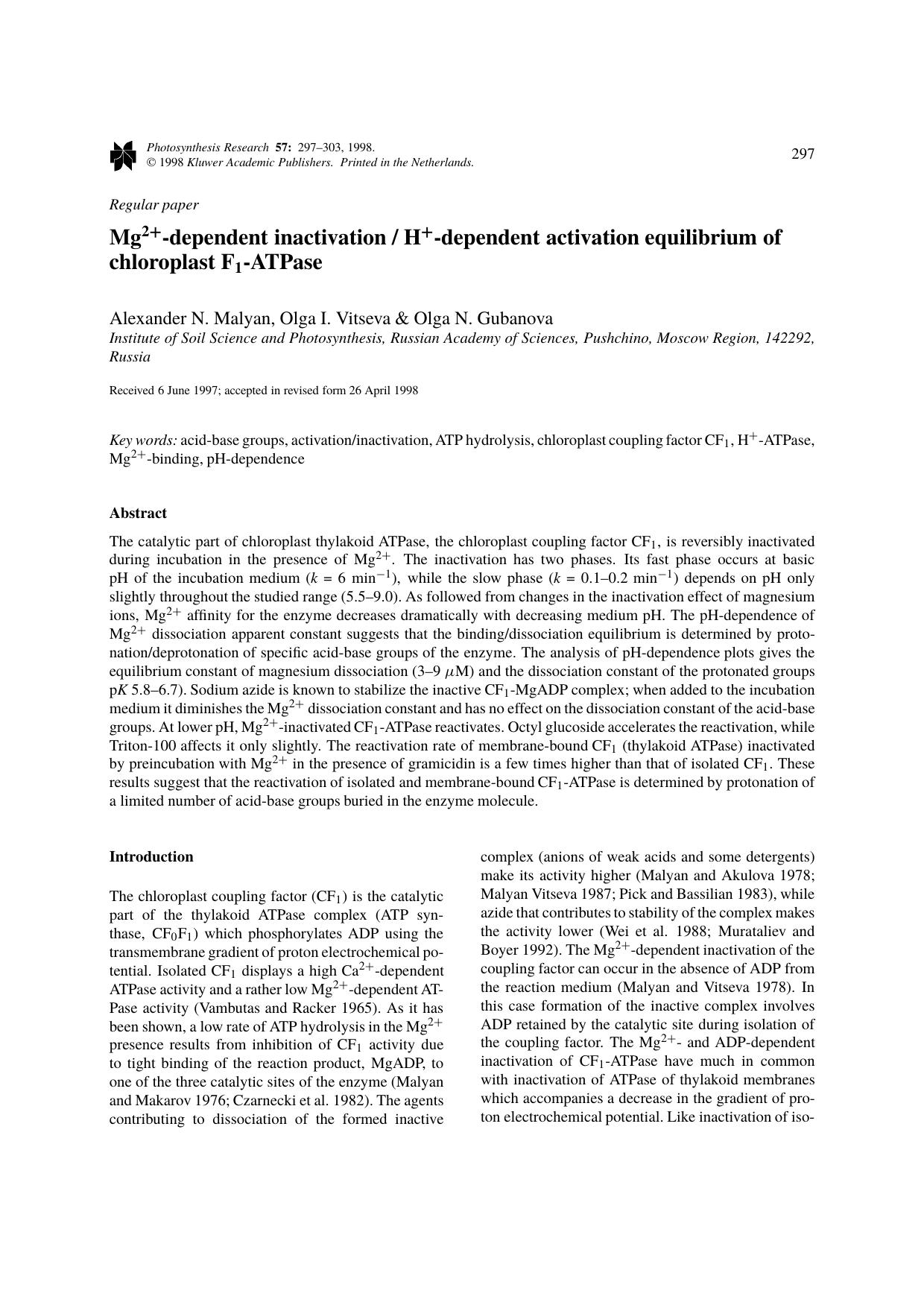 Mg2+ -dependent inactivation H+ -dependent activation equilibrium of chloroplast F1-ATPase by Unknown