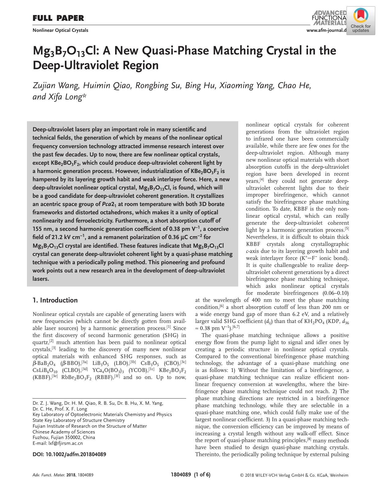 Mg3B7O13Cl: A New QuasiâPhase Matching Crystal in the DeepâUltraviolet Region by Unknown